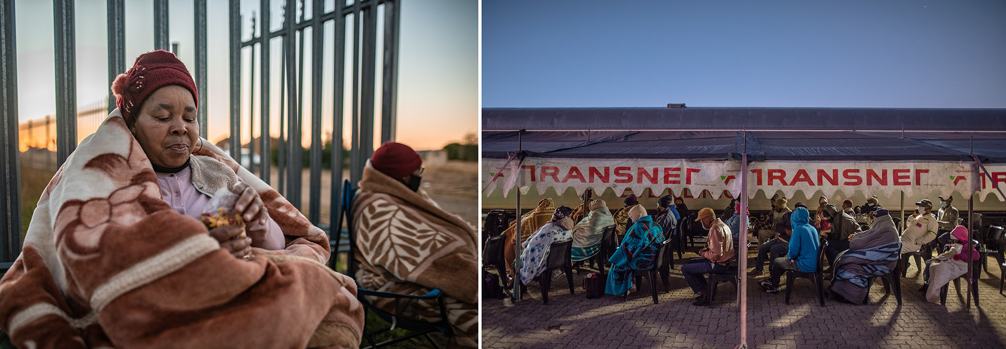 PHOTOS: South Africa's 'train of hope' is a godsend for millions. But new threats loom 1 Left: Doris MoKabi wraps herself in a blanket and snacks on popcorn as she settles in to sleep overnight outside the railway platform in Thaba Nchu, South Africa, ahead of a visit to the Phelophepa health-care train. She wants to make sure she's at the head of the line. Right: Patients, many wrapped in blankets, await the train on a chilly morning.