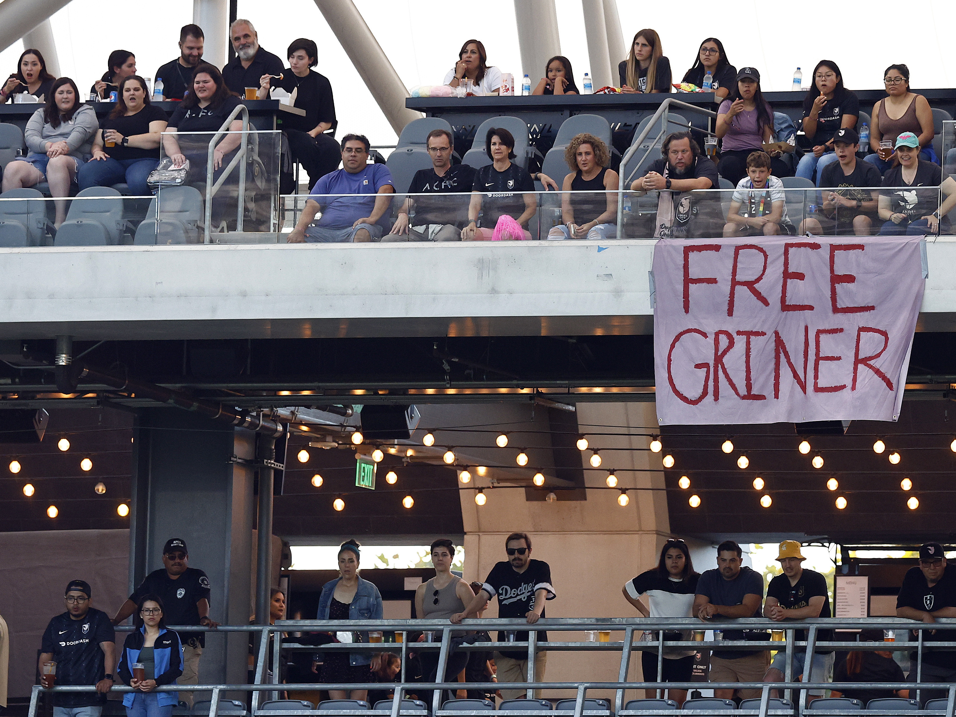 A sign calls for Britney Griner's release at a game between Portland Thorns FC and Angel City FC in Los Angeles earlier this month. (Getty Images)