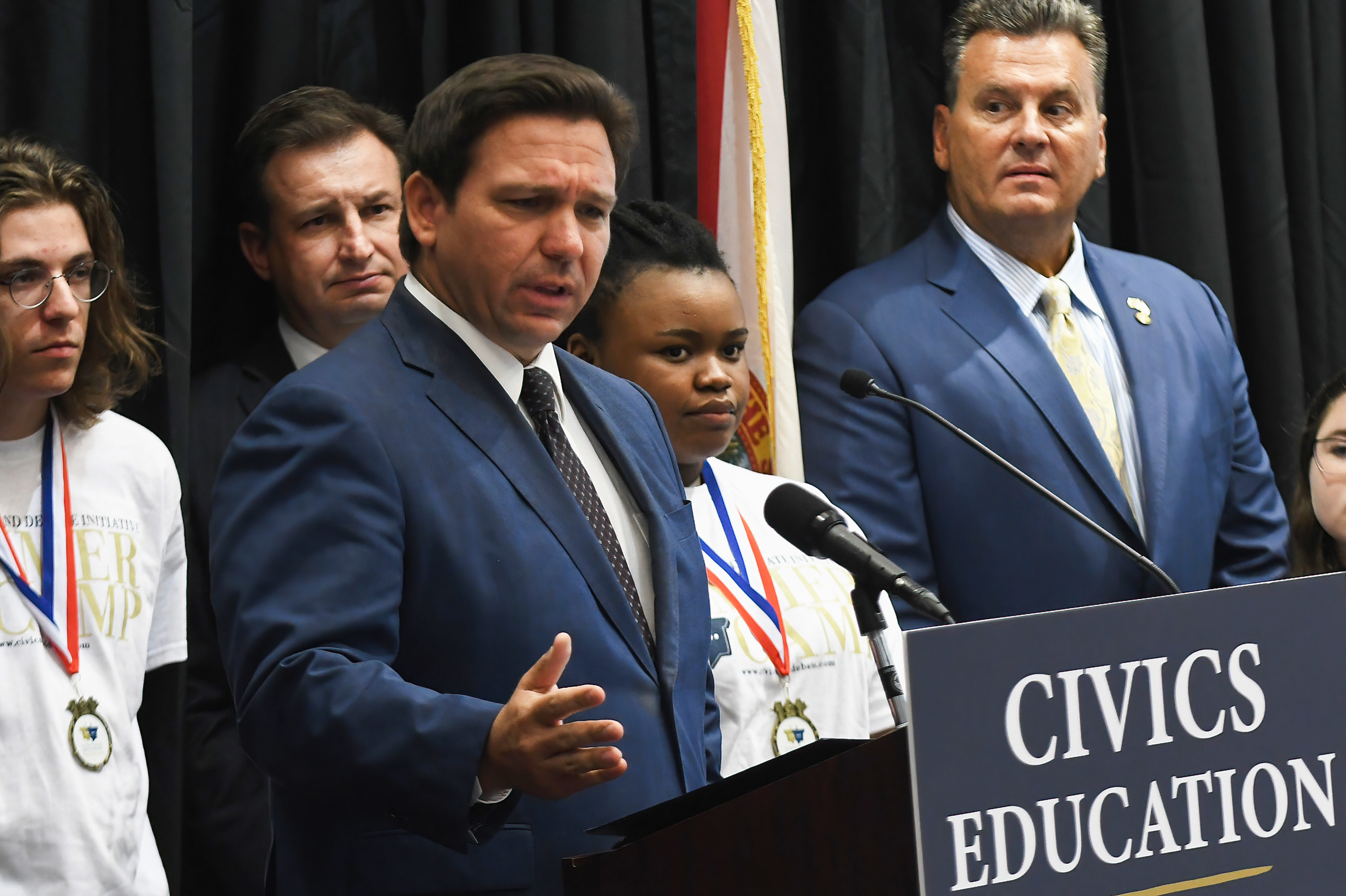 Florida Gov. Ron DeSantis speaks at a news conference at Crooms Academy of Information Technology in Sanford to discuss Florida's civics education initiative of unbiased history teachings. (SOPA Images/LightRocket via Getty Images)