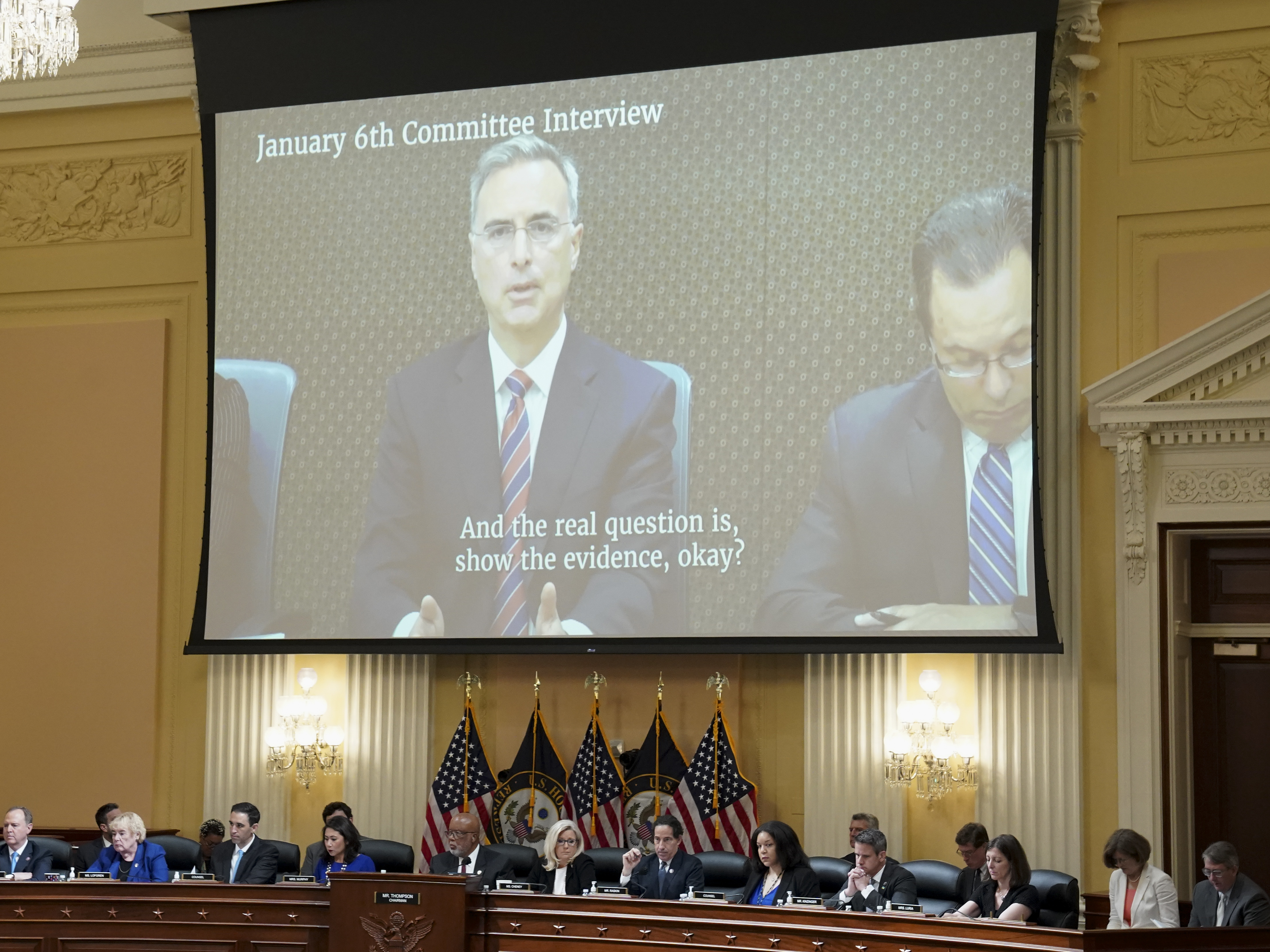 Former White House counsel Pat Cipollone is seen on a video display during the seventh hearing held by the House Jan. 6 committee on Tuesday. (Getty Images)
