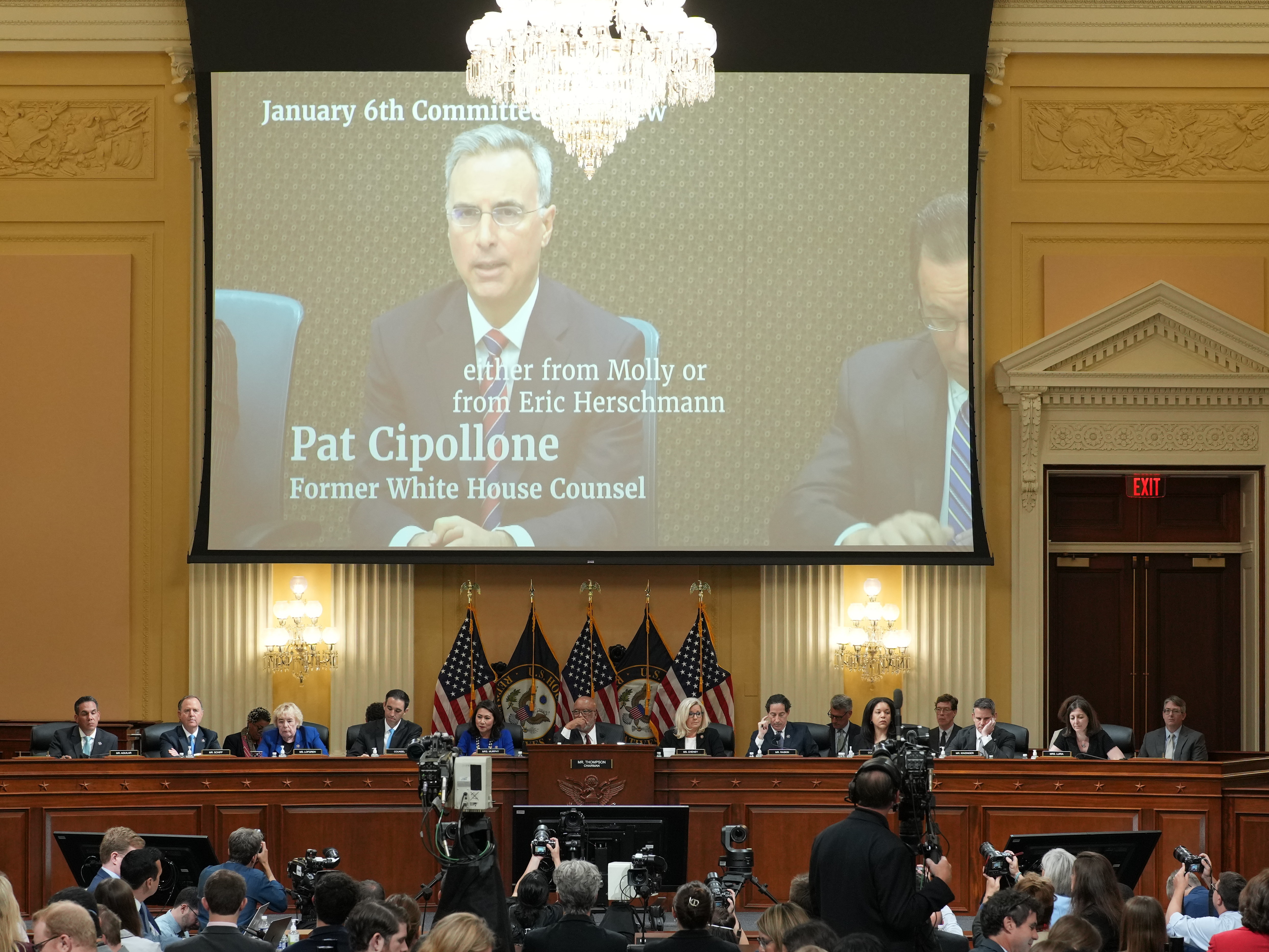 A video of Pat Cipollone, former White House counsel, is shown on a screen during the seventh hearing held by the Select Committee to Investigate the January 6th Attack on the U.S. Capitol on Tuesday. (Pool/Getty Images)