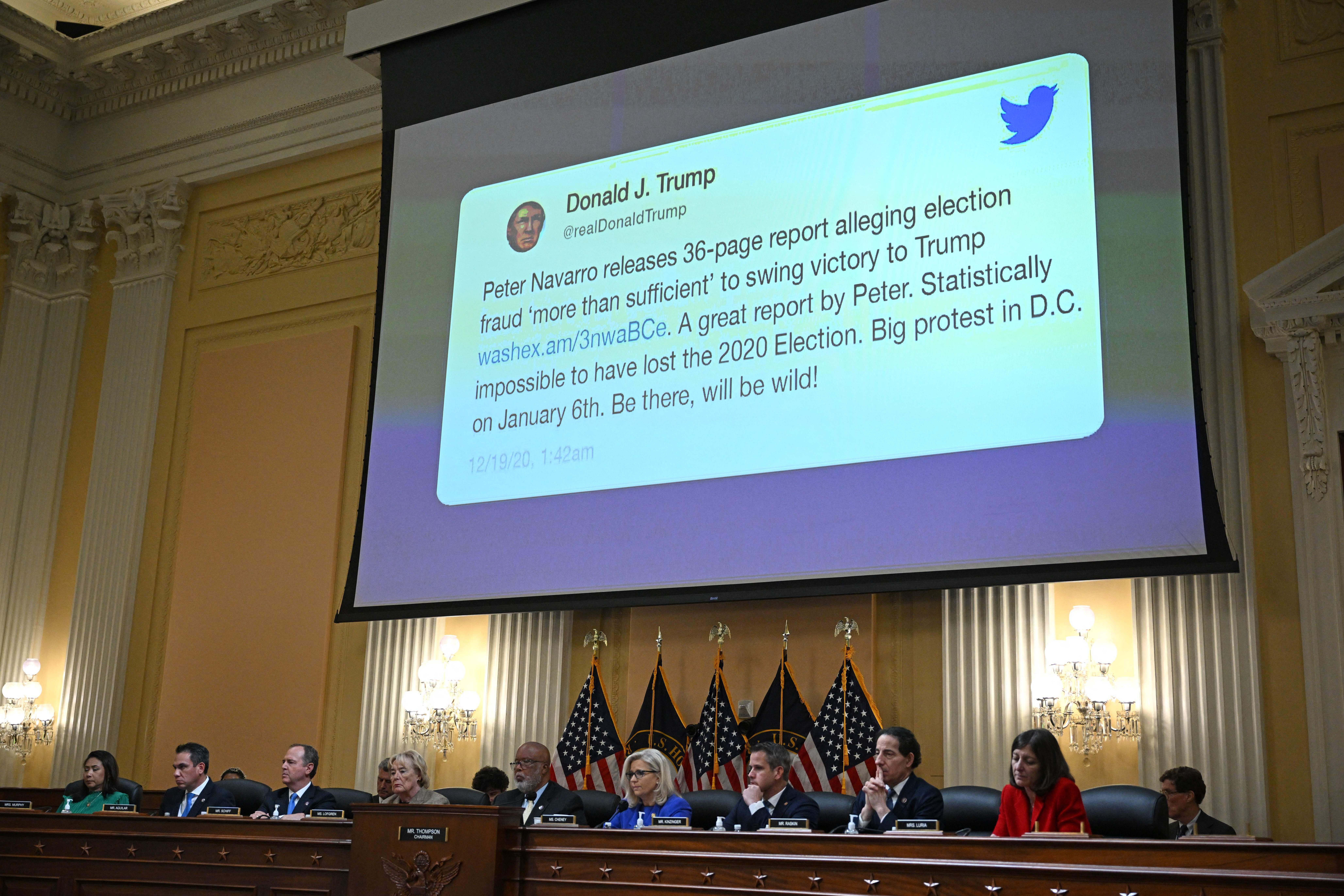 A tweet by former President Donald Trump appears on screen during a House Select Committee hearing to investigate the Jan. 6 attack on the U.S. Capitol. Court documents reveal this tweet drew rioters to Washington, D.C., that day. (AFP via Getty Images)
