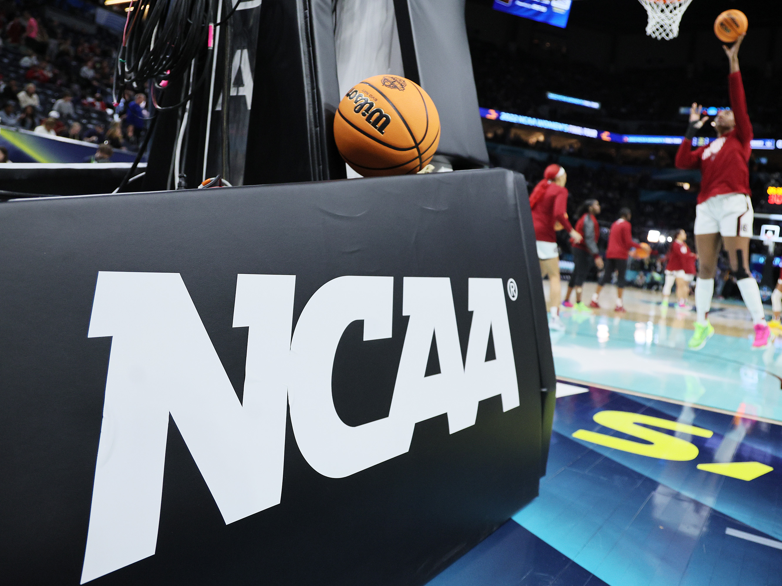 The NCAA logo and a game ball as the South Carolina Gamecocks warm-up. (Getty Images)