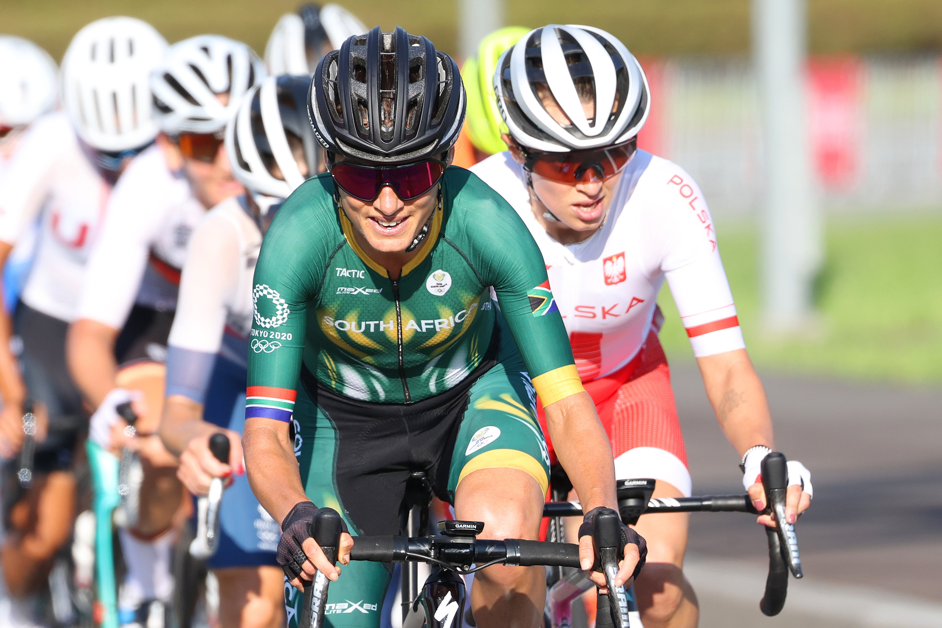 Ashleigh Moolman-Pasio of Team South Africa leads the peloton during the women's road race on the second day of the 2020 Olympic Games at Fuji International Speedway on July 25, 2021 in Oyama, Shizuoka, Japan. (Michael Steele/Getty Images)