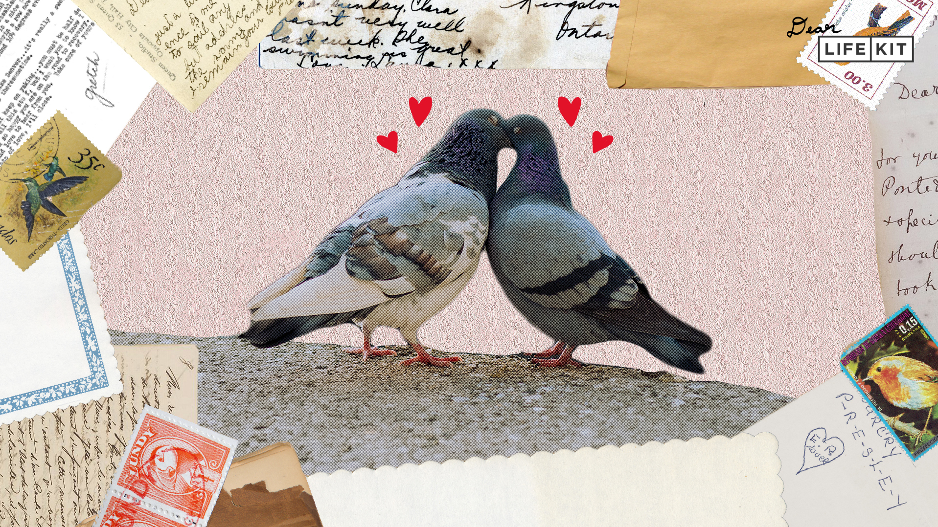 Two pigeons beak-to-beak forming a heart between their necks. Collage of letters behind them.