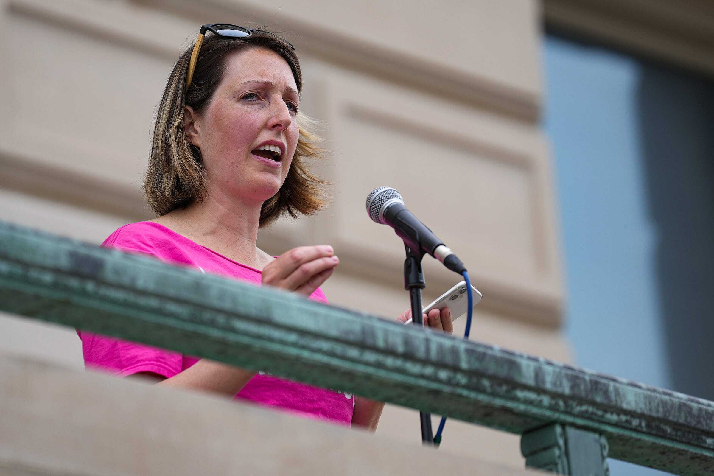 Dr. Caitlin Bernard, the Indiana doctor who provided an abortion to a 10-year-old rape victim from Ohio, speaks during an abortion rights rally in June at the Indiana Statehouse. (IndyStar/USA TODAY Network/Reuters)