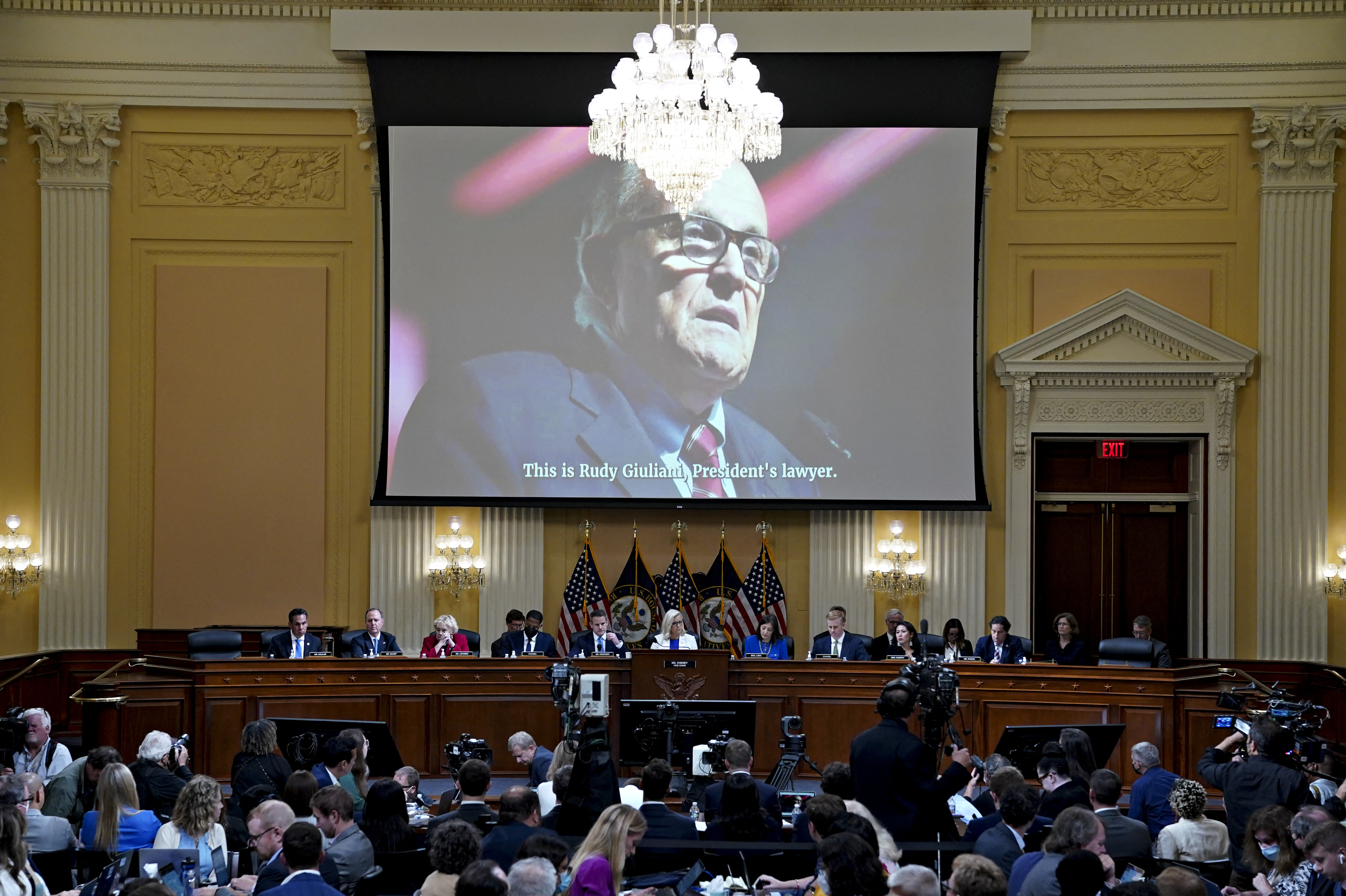 Rudy Giuliani, former lawyer to Donald Trump, is displayed on a screen during a hearing by the House Select Committee to investigate the January 6th attack on the US Capitol in the Cannon House Office Building in Washington, DC, on July 21, 2022. (Photo by Al Drago / POOL / AFP) (Photo by AL DRAGO/POOL/AFP via Getty Images)