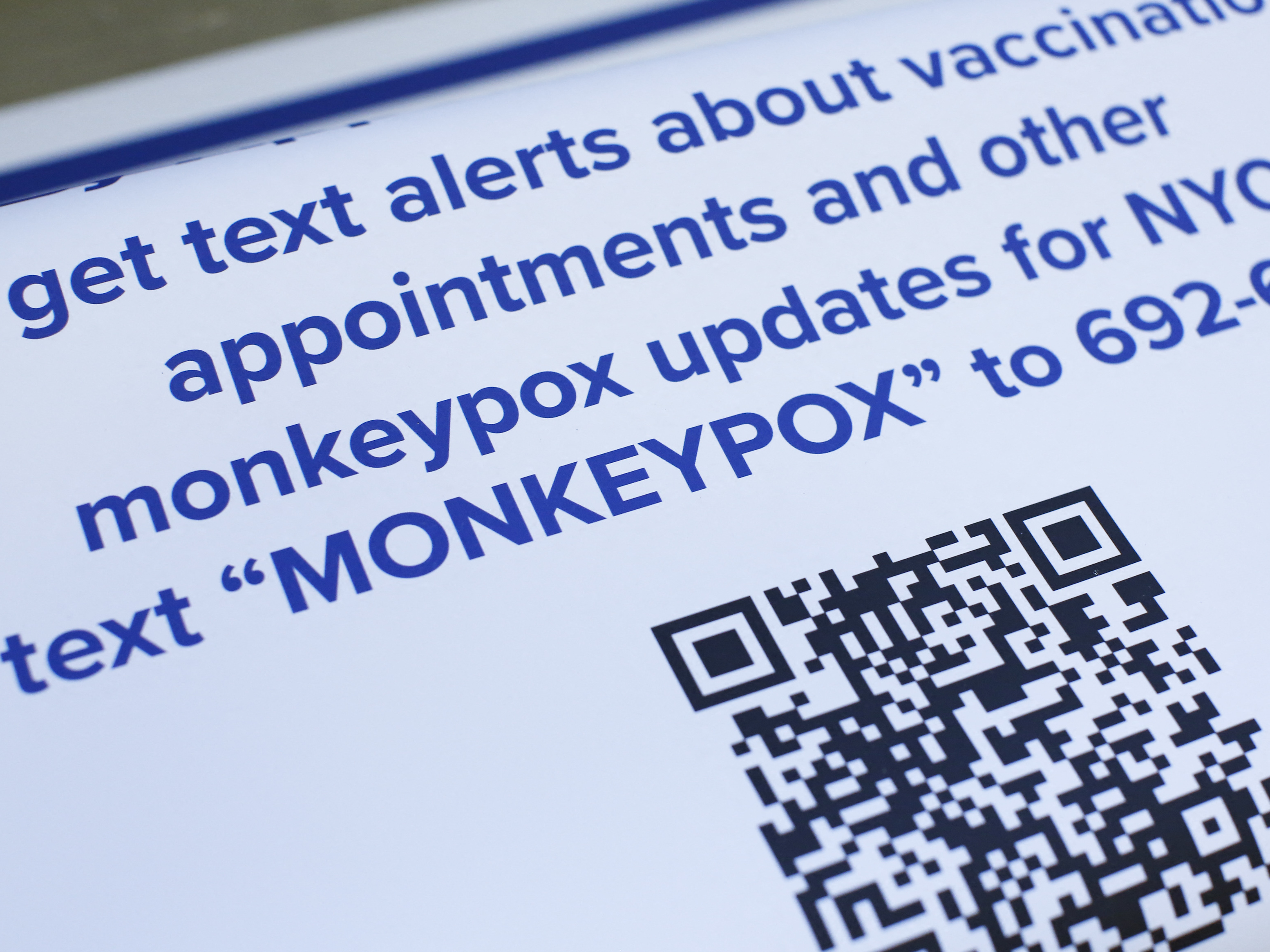 Informational posters are displayed at a monkeypox mass vaccination site at the Bushwick Educational Campus in Brooklyn on July 17. (AFP via Getty Images)