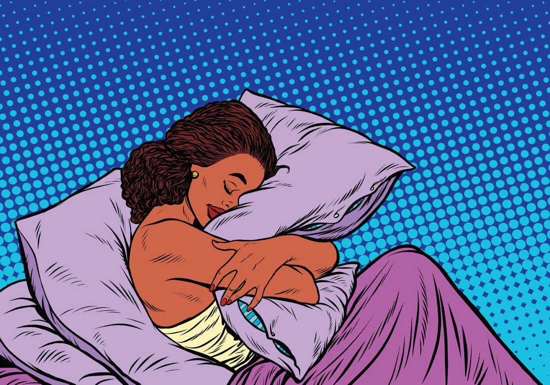 Comic book-style illustration of a woman hugging a pillow in bed.