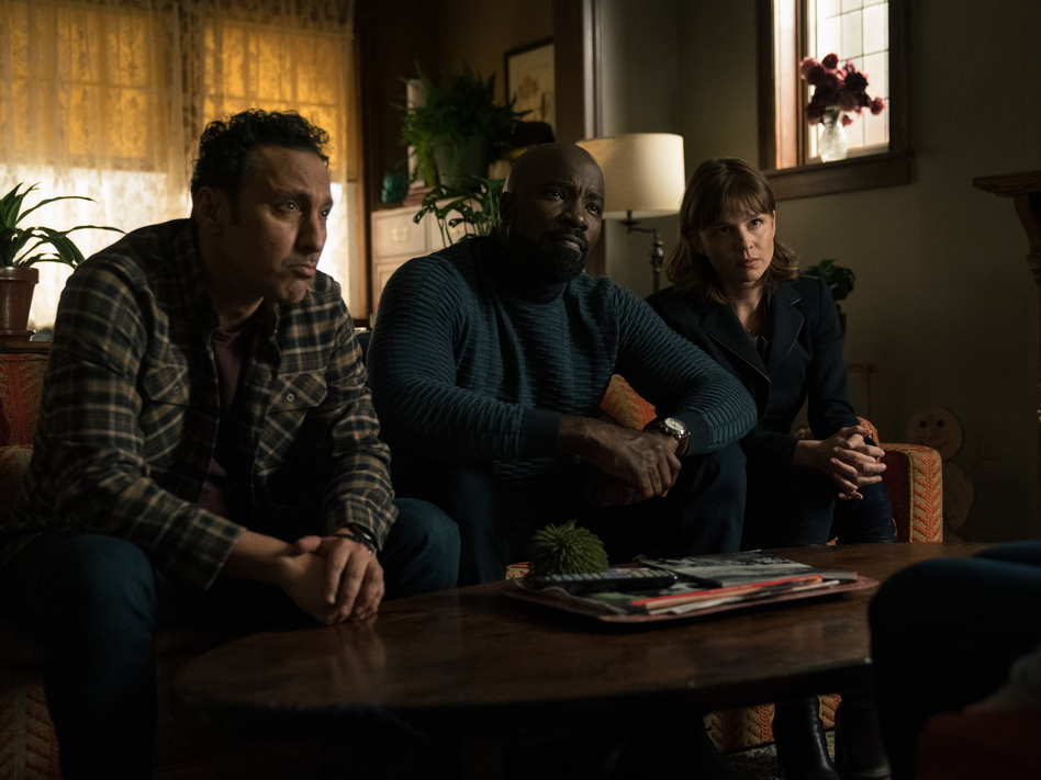 Aasif Mandvi as Ben Shakir, Mike Colter as David Acosta, and Katja Herbers as Kristen Bouchard in Evil
