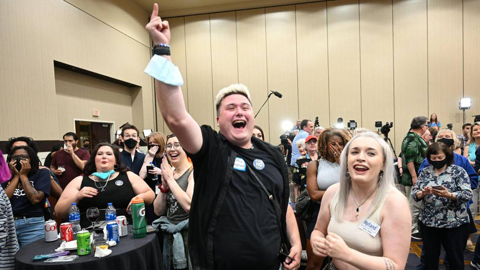 Abortion rights supporters cheer in Overland Park, Kansas, on Aug. 2 as the proposed Kansas constitutional amendment removing the right to an abortion fails.