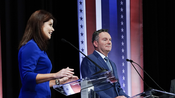From left, Rebecca Kleefisch, Tim Michels and Timothy Ramthun (not pictured) participate in a televised debate for the GOP nomination for Wisconsin governor on July 24, 2022, in Milwaukee.