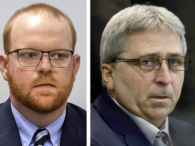 This photo shows, from left to right, Travis McMichael and William "Roddie" Bryan, two of three white men who will face sentencing Monday for their roles in the killing of Ahmaud Arbery. (AP)