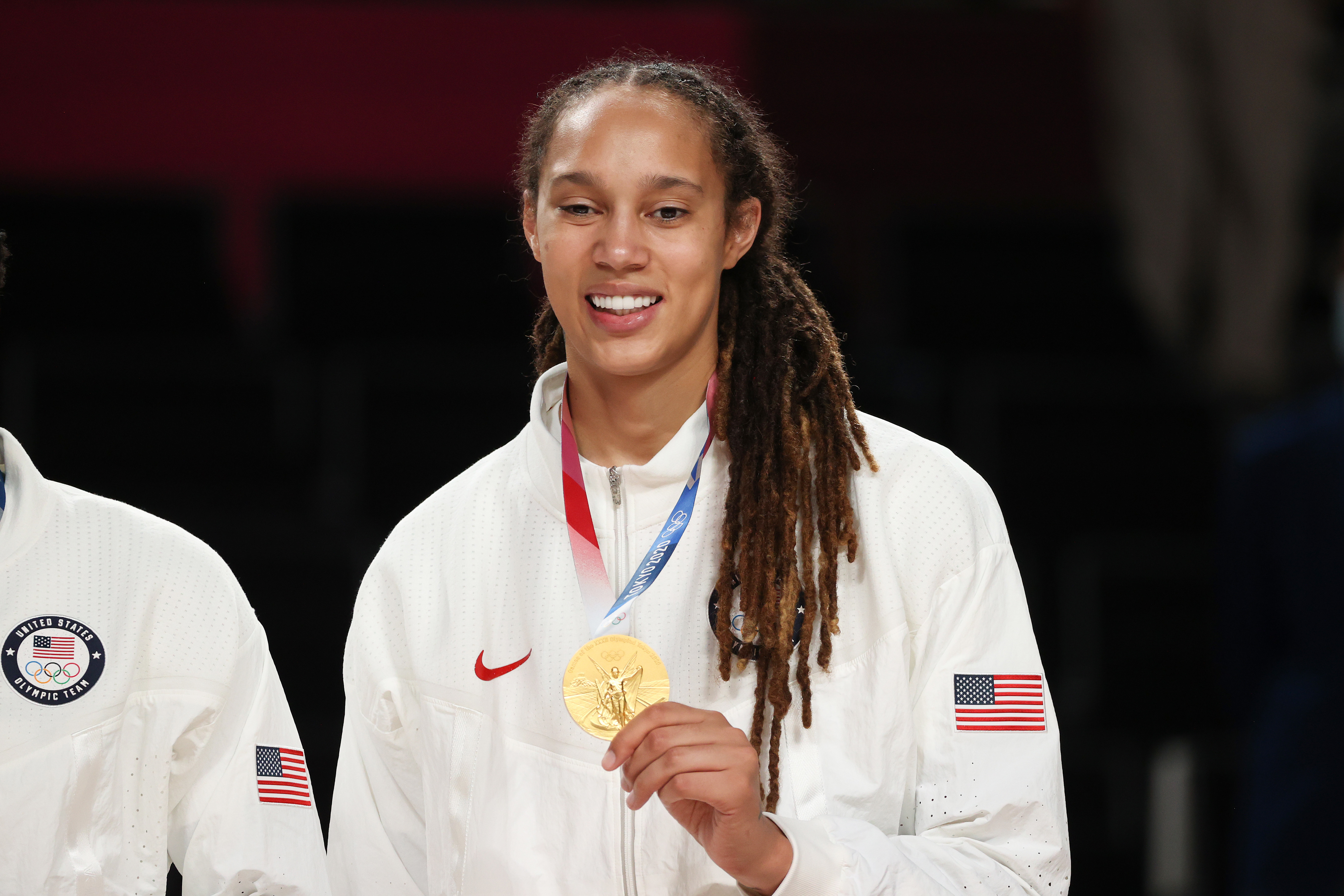 Brittney Griner, #15 of Team United States, poses for photographs with her gold medal during the Women's Basketball medal ceremony on day sixteen of the 2020 Tokyo Olympic games at Saitama Super Arena on August 08, 2021 in Saitama, Japan. (Getty Images)