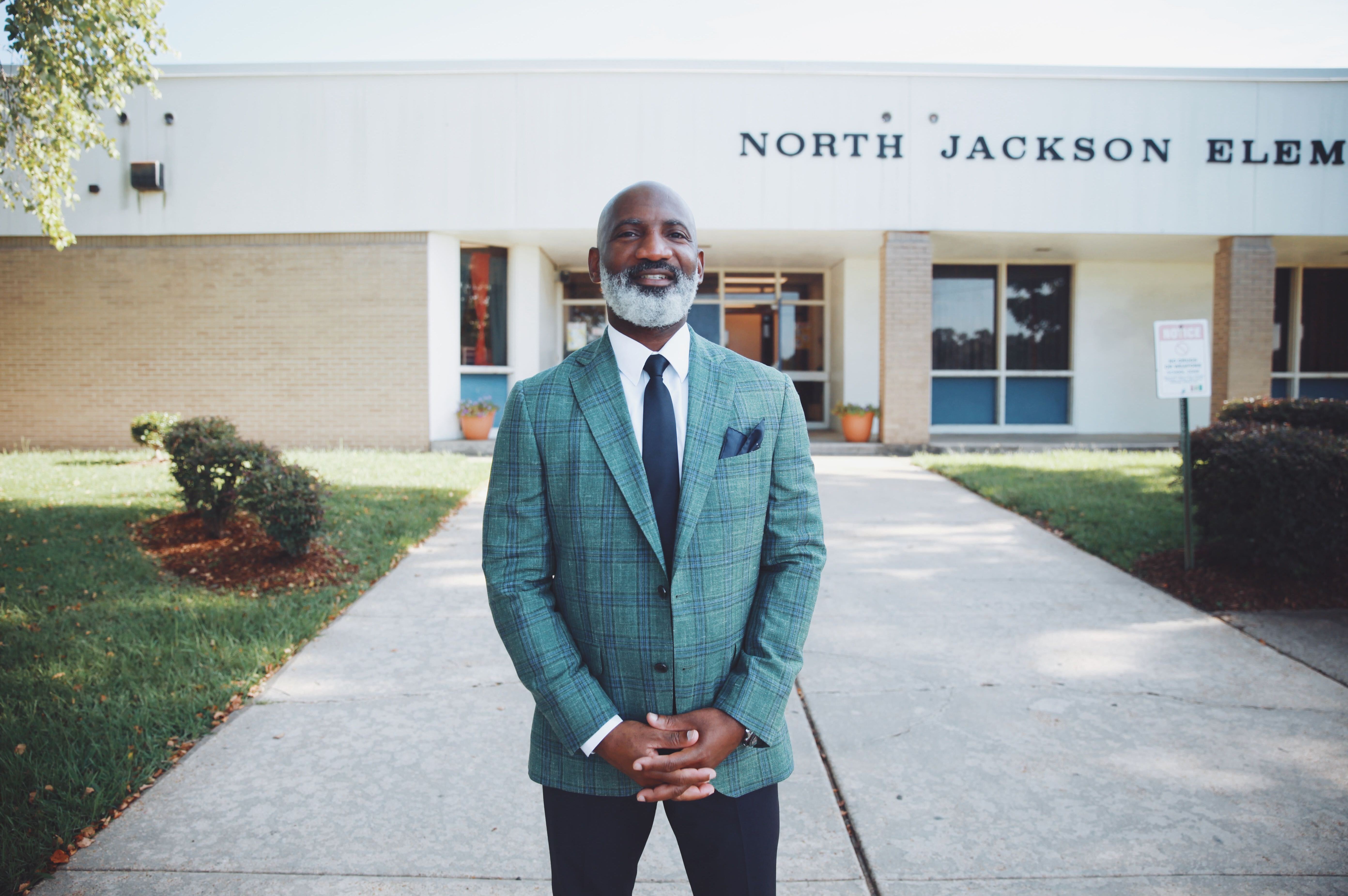 Superintendent Dr. Errick Greene on the first day of school in Jackson, Miss. Greene visited schools throughout the district during the first week. His first stop was at North Jackson Elementary School. (NPR)