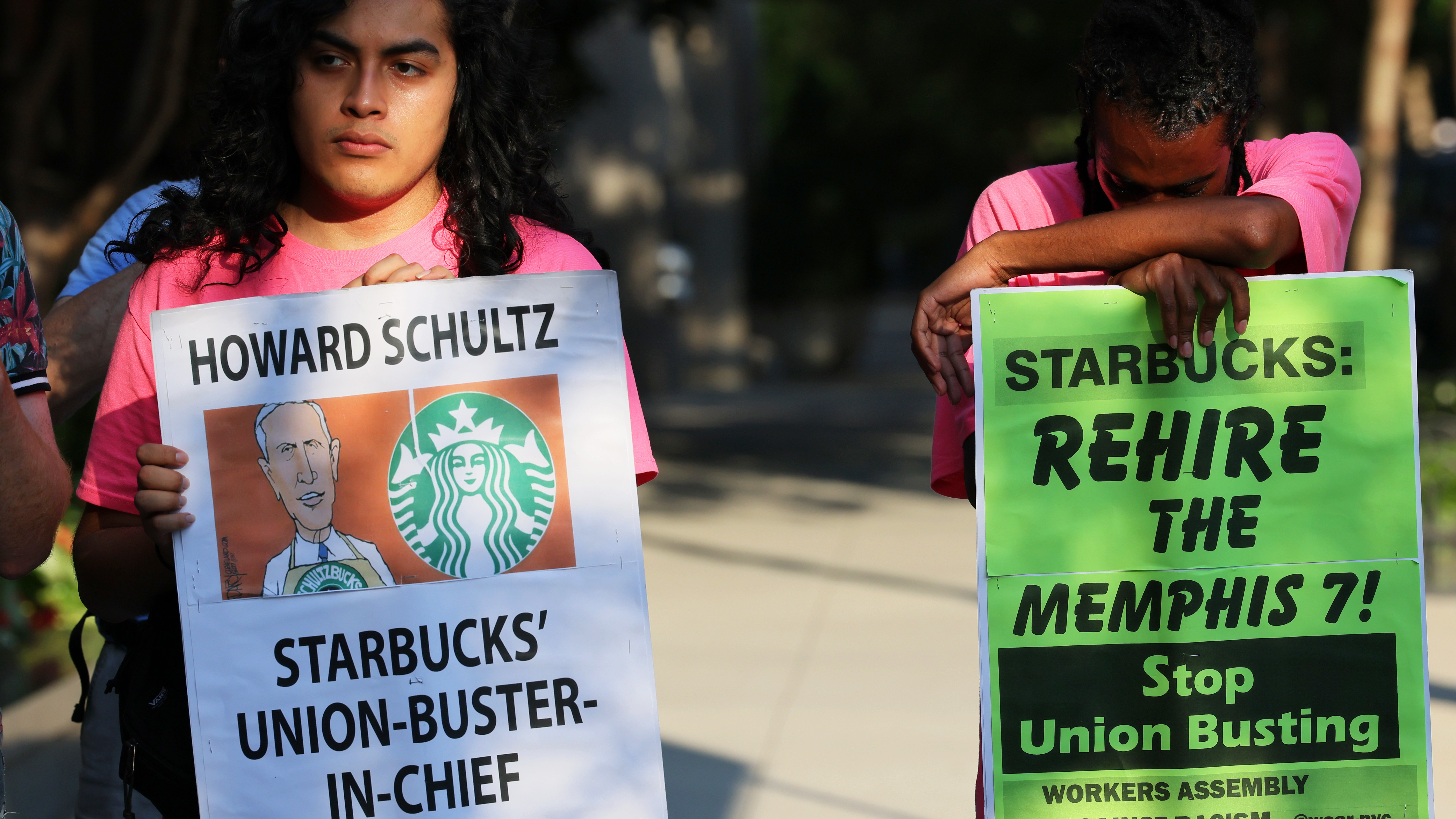 Starbucks says regional staff of the National Labor Relations Board repeatedly crossed the line of neutrality to help union organizers in Kansas. Here, activists protest against Starbucks CEO Howard Schultz in New York City last month. (Getty Images)