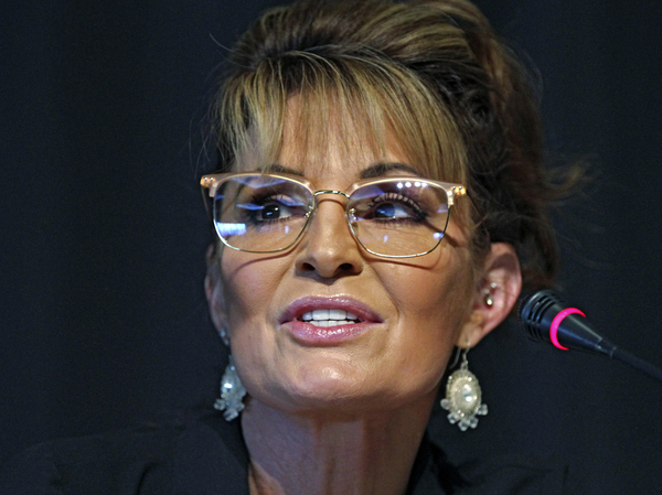 Sarah Palin, a Republican seeking the sole U.S. House seat in Alaska, speaks during a forum for candidates May 12, 2022, in Anchorage, Alaska.