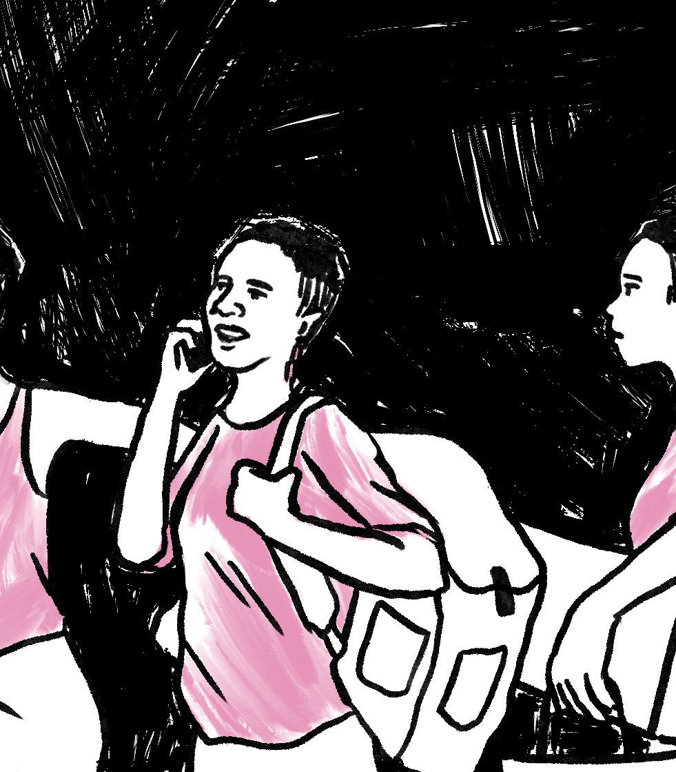 An illustration of a black women juggling several different tasks: exercising, talking on the phone, carrying packages and typing on a laptop. (Connie Hanzhang Jin/NPR)