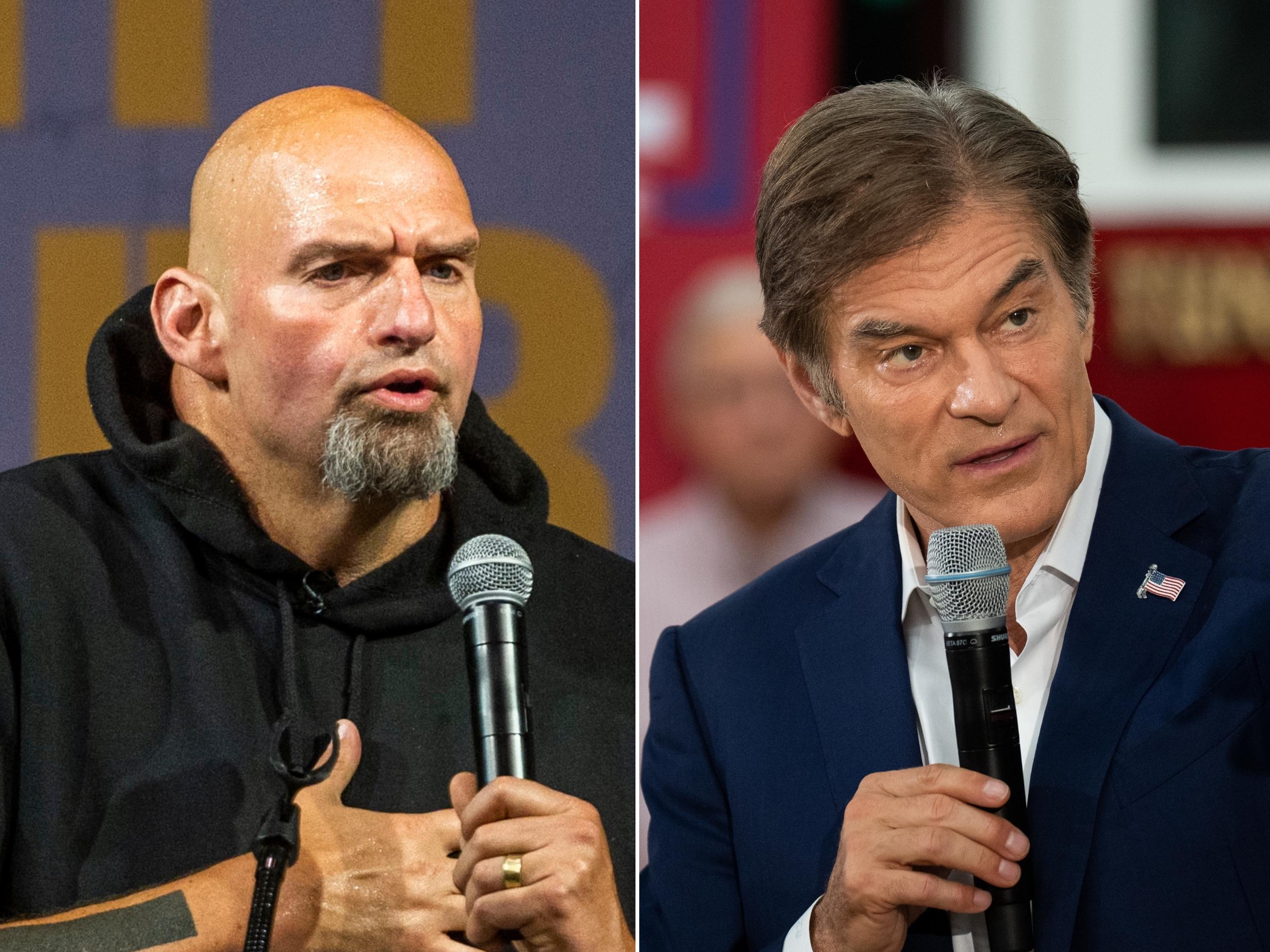 Pennsylvania Democratic U.S. Senate nominee John Fetterman, left, has so far maintained a polling edge over Republican nominee Dr. Mehmet Oz, as Democrats try to take over the swing state's seat. (Nate Smallwood/Getty Images; Bill Clark/CQ-Roll Call Inc. via Getty Images)
