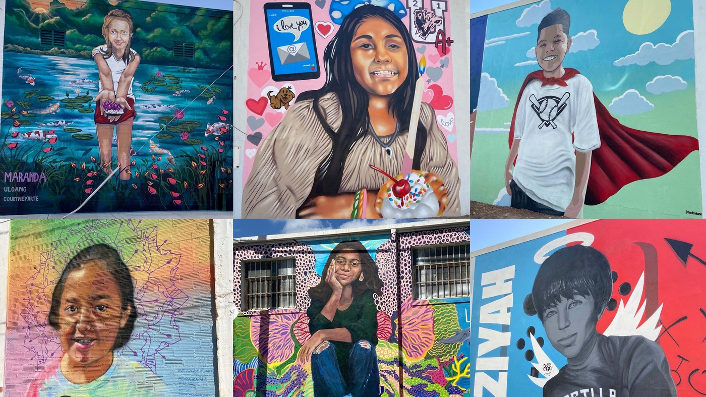 Large murals honor the 21 victims in the Uvalde, Texas, shootings. NPR