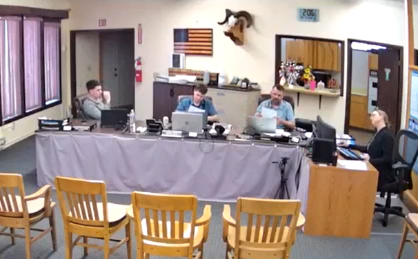 A video screengrab of the meeting earlier this year where Ferry County commissioners voted to remove a cybersecurity device called an Albert sensor from the Washington state county's computer network. (Ferry County, Wash./Screenshot provided by Austin Jenkins/Northwest News Network)