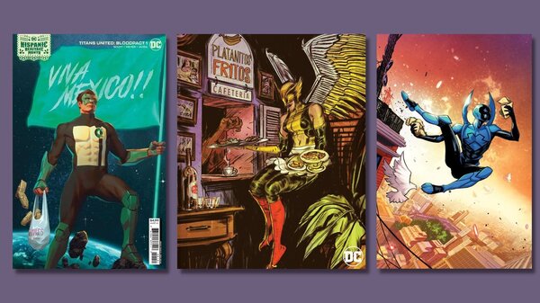 DC Comics covers featuring Green Lantern holding tamales, Hawkwoman holding platanos fritos, and Blue Beetle holding tacos.