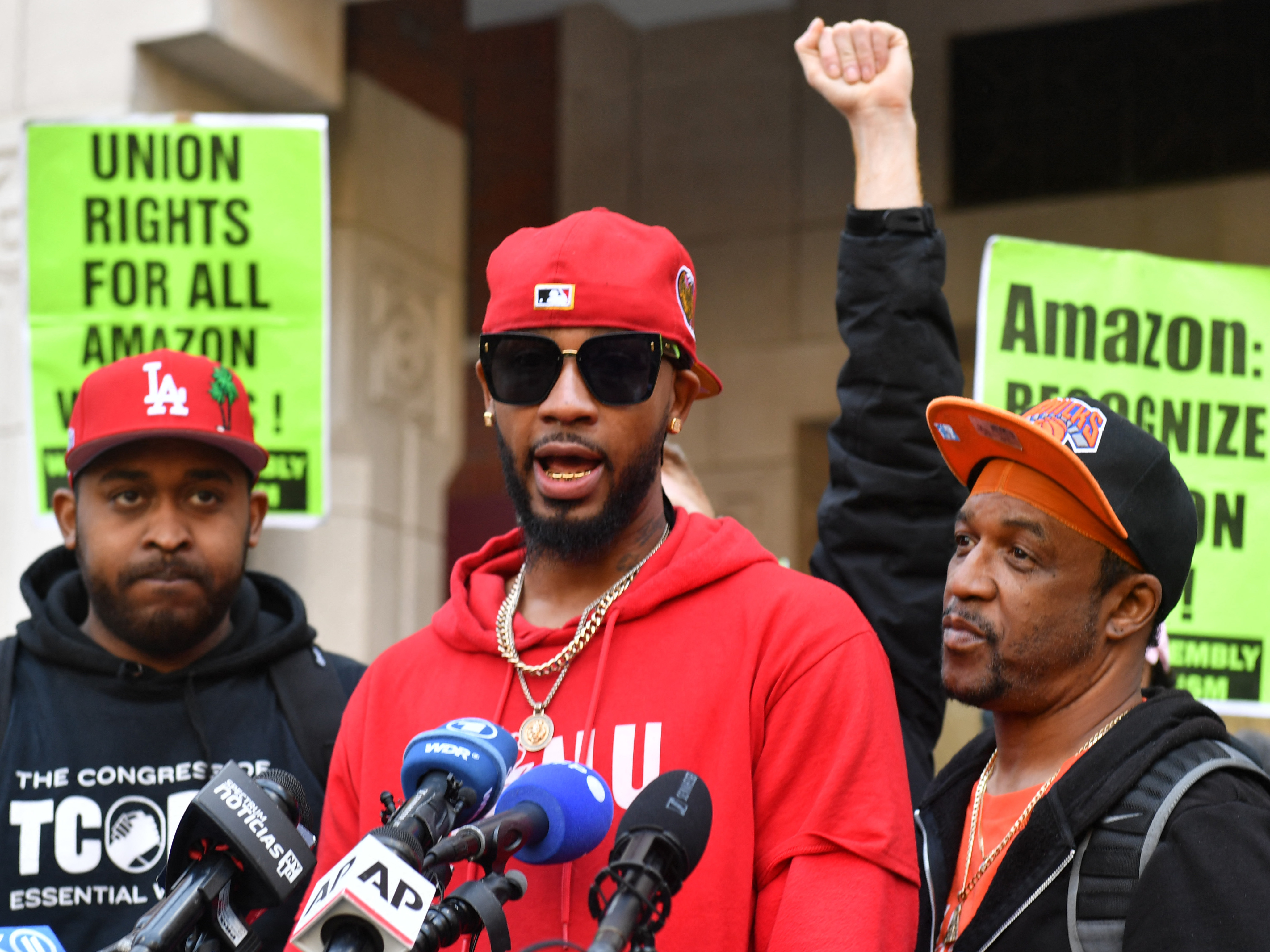 Organizer Chris Smalls speaks after his Amazon Labor Union won a vote to form the company's first unionized U.S. warehouse in Staten Island, N.Y., in April. (AFP via Getty Images)