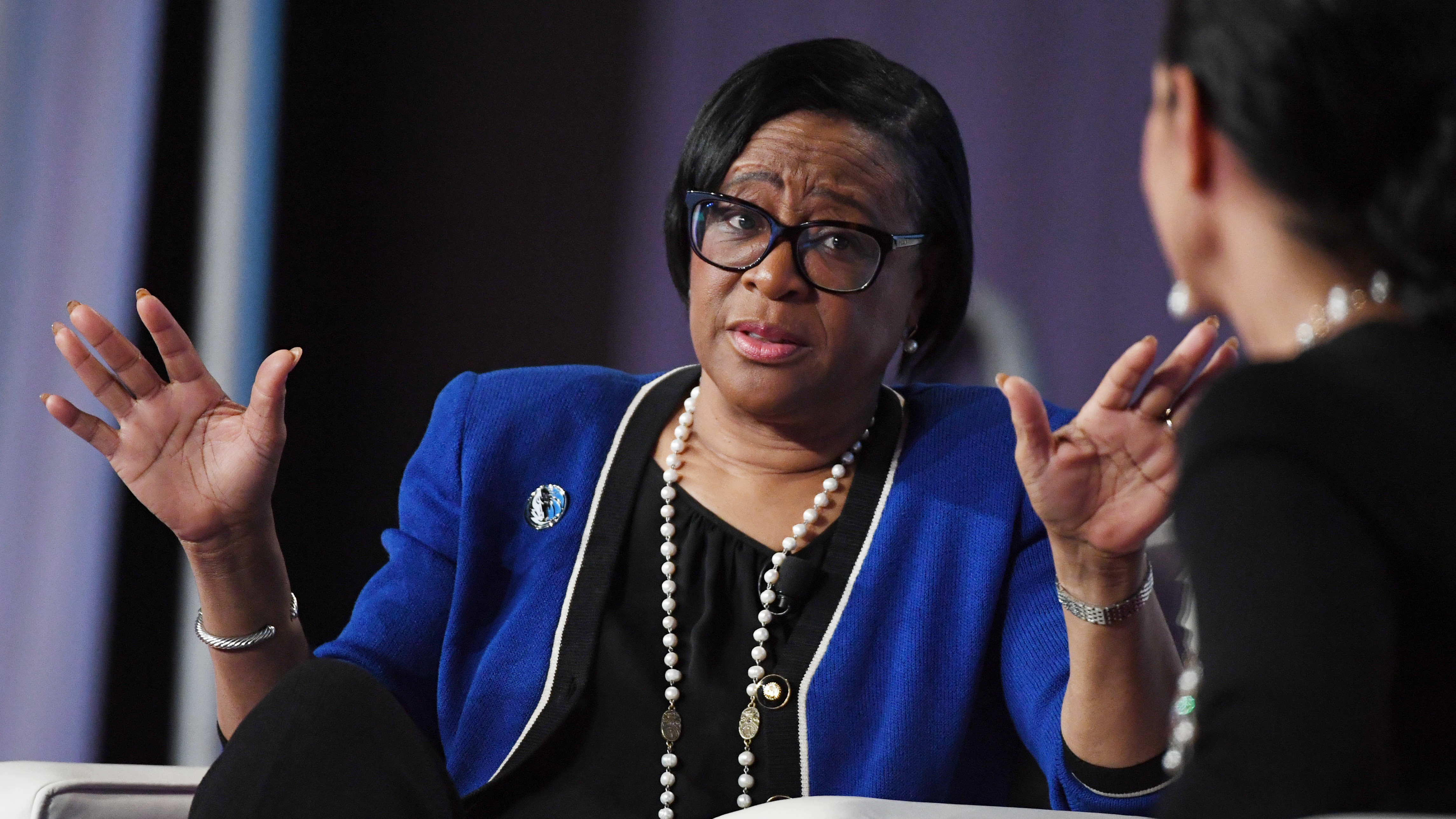 Dallas Mavericks CEO Cynt Marshall speaks at the Black Enterprise Women of Power Summit at The Mirage Hotel & Casino in 2019.