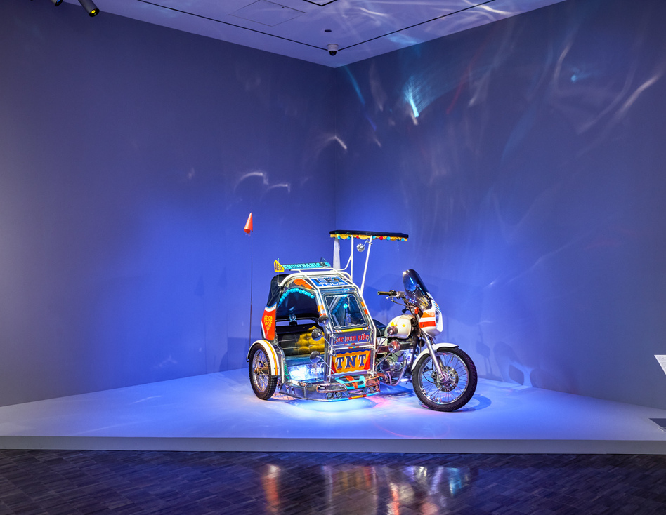 The 'TNT Traysikel' — a tricked-out motorcycle side-car installation by artists Paulo Asuncion and Michael Arcega on display at the Asian Art Museum