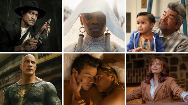 (Clockwise from top left) Seth Gilliam in The Walking Dead, Letitia Wright in Black Panther: Wakanda Forever, Brice Gonzalez and George Lopez in Lopez vs. Lopez, Susan Sarandon in Monarch, Harry Styles and Florence Pugh in Don't Worry Darling and Dwayne Johnson in Black Adam