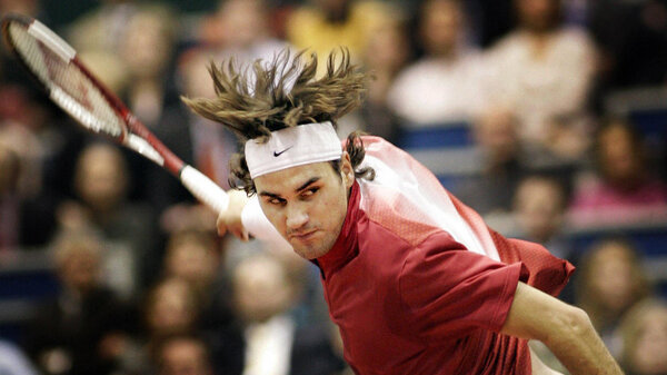 February 18, 2005: Swiss Roger Federer returns to Russian Nikolay Davydenko in the quarter final of the ABN AMRO World Tennis Tournament in Rotterdam.