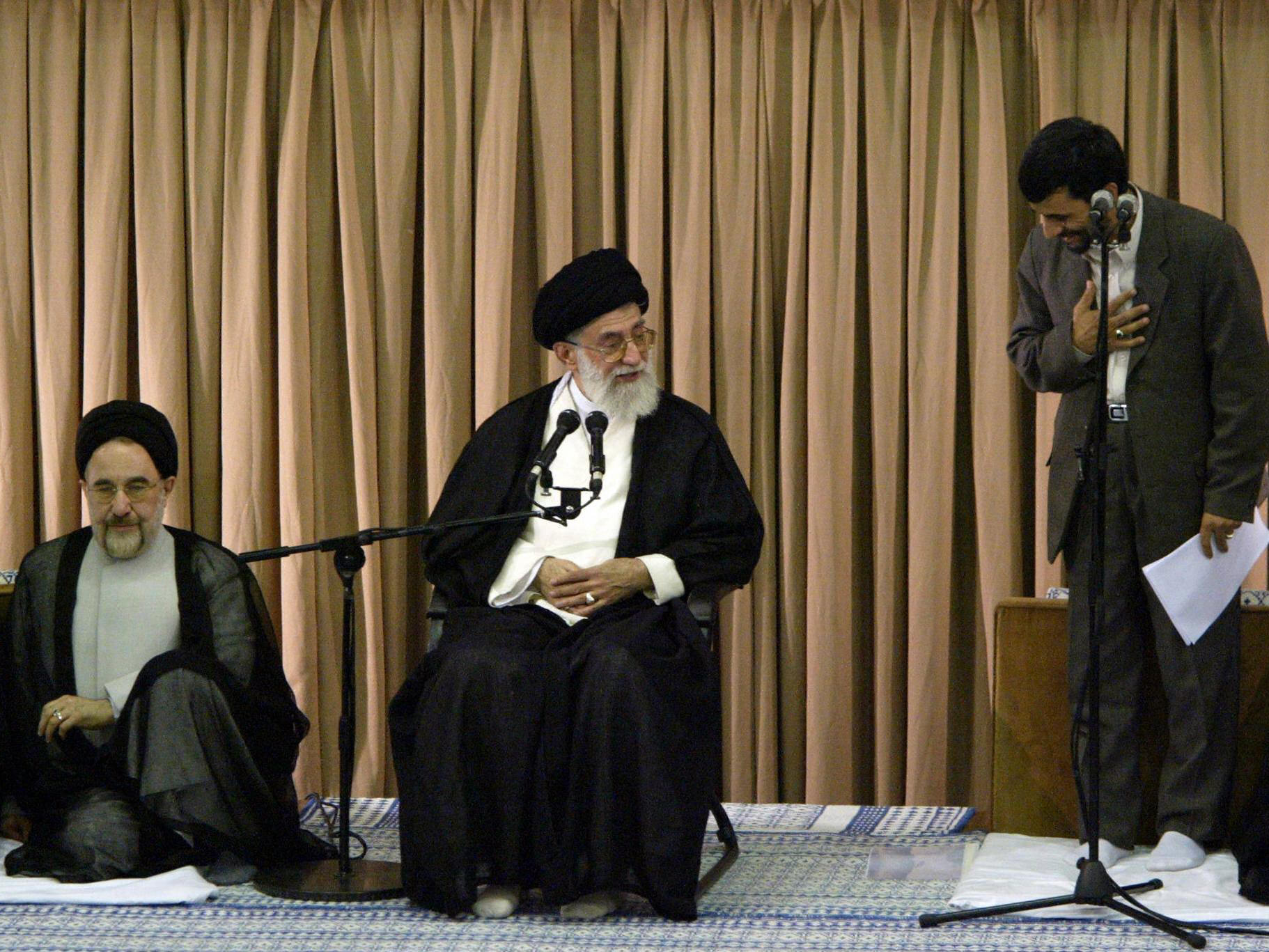 Iranian supreme leader killed in Israeli airstrike 1 In 2005, Ali Khamenei (center), newly elected President Mahmoud Ahmadinejad (right), outgoing President Mohammad Khatami and former President Ali Akbar Hashemi Rafsanjani attend Ahmadinejad's inaugural ceremony in Tehran.