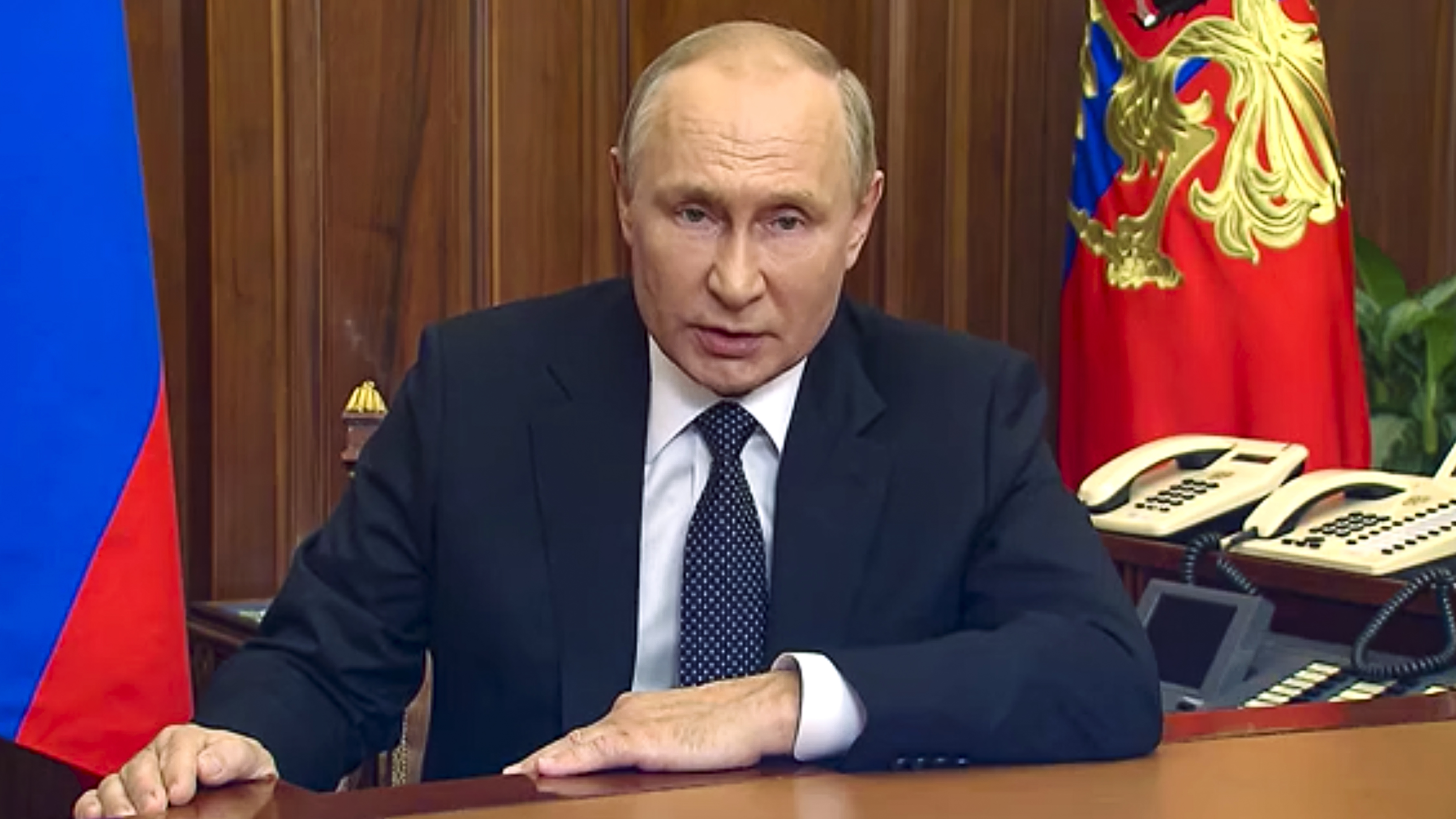 In this image made from video released by the Russian Presidential Press Service, Russian President Vladimir Putin addresses the nation in Moscow, Russia, Sept. 21, 2022.
