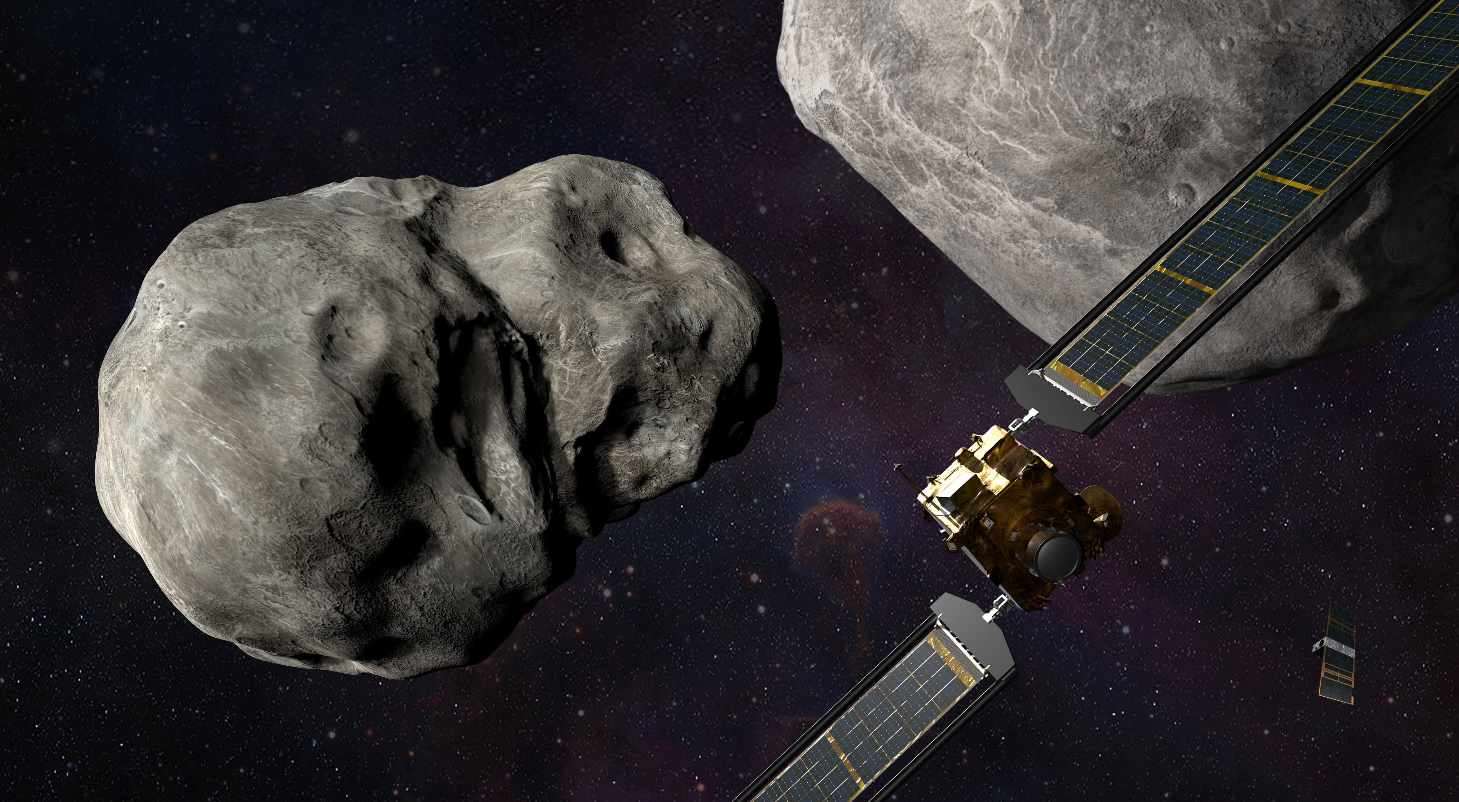 This illustration shows the DART spacecraft approaching the two asteroids, Didymos and Dimorphos, with a small observing spacecraft nearby. (Credit: NASA/Johns Hopkins APL/Steve Gribben)