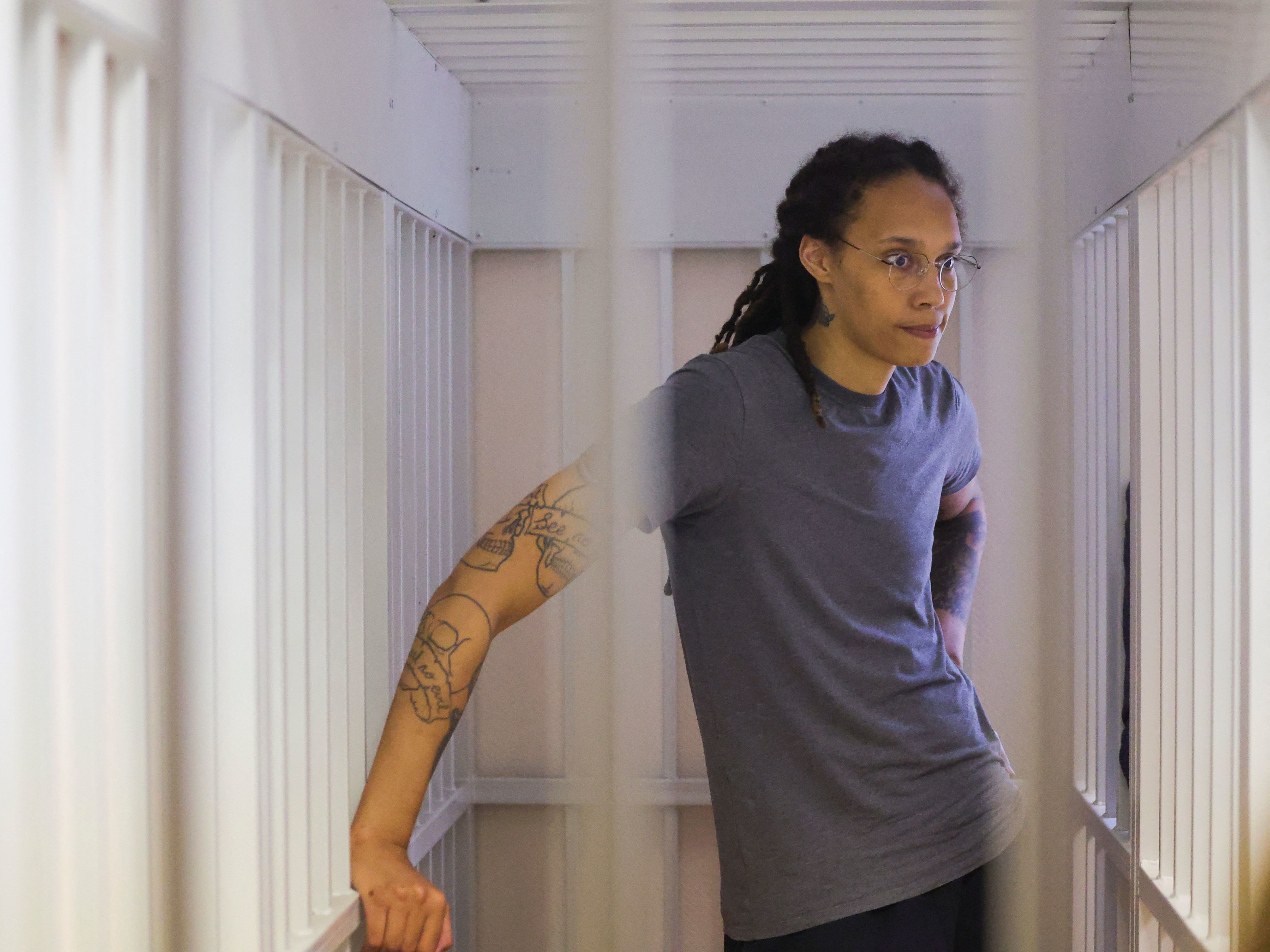 Brittney Griner waits for the verdict during a hearing outside Moscow on Aug. 4. The WNBA star is one of more than five dozen Americans being held hostage or wrongfully detained abroad, according to the James. W. Foley Legacy Foundation. (Pool photo/AFP via Getty Images)