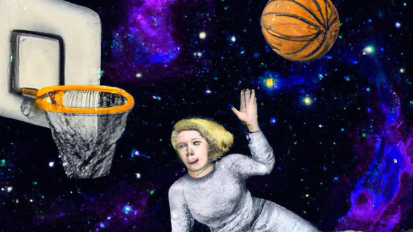 "Digital art of Nina Totenberg slam dunking a basketball in space"