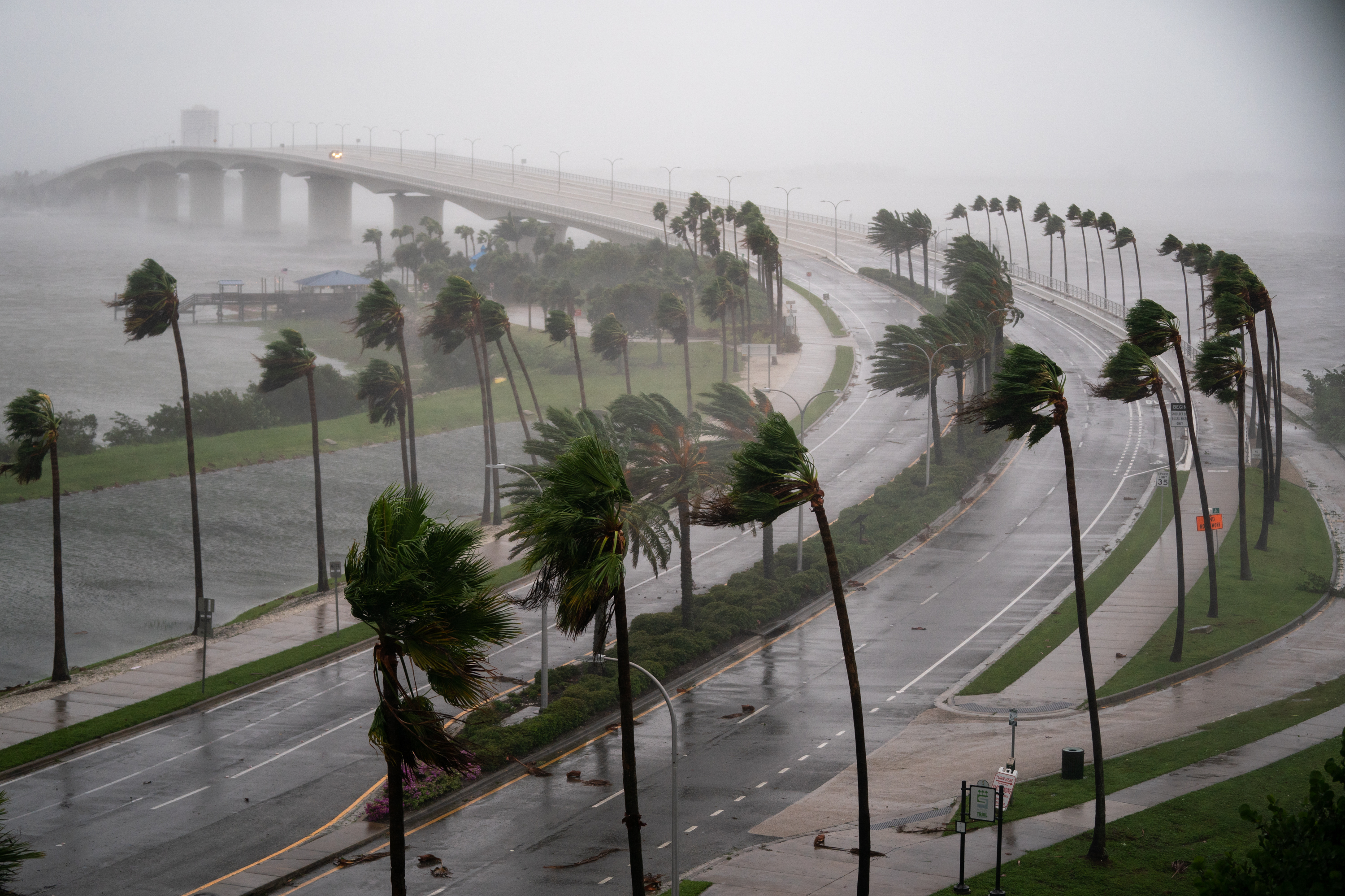 Wind gusts blow across Sarasota Bay as Hurricane Ian churns to the south on Wednesday in Sarasota, Fla. (Getty Images)