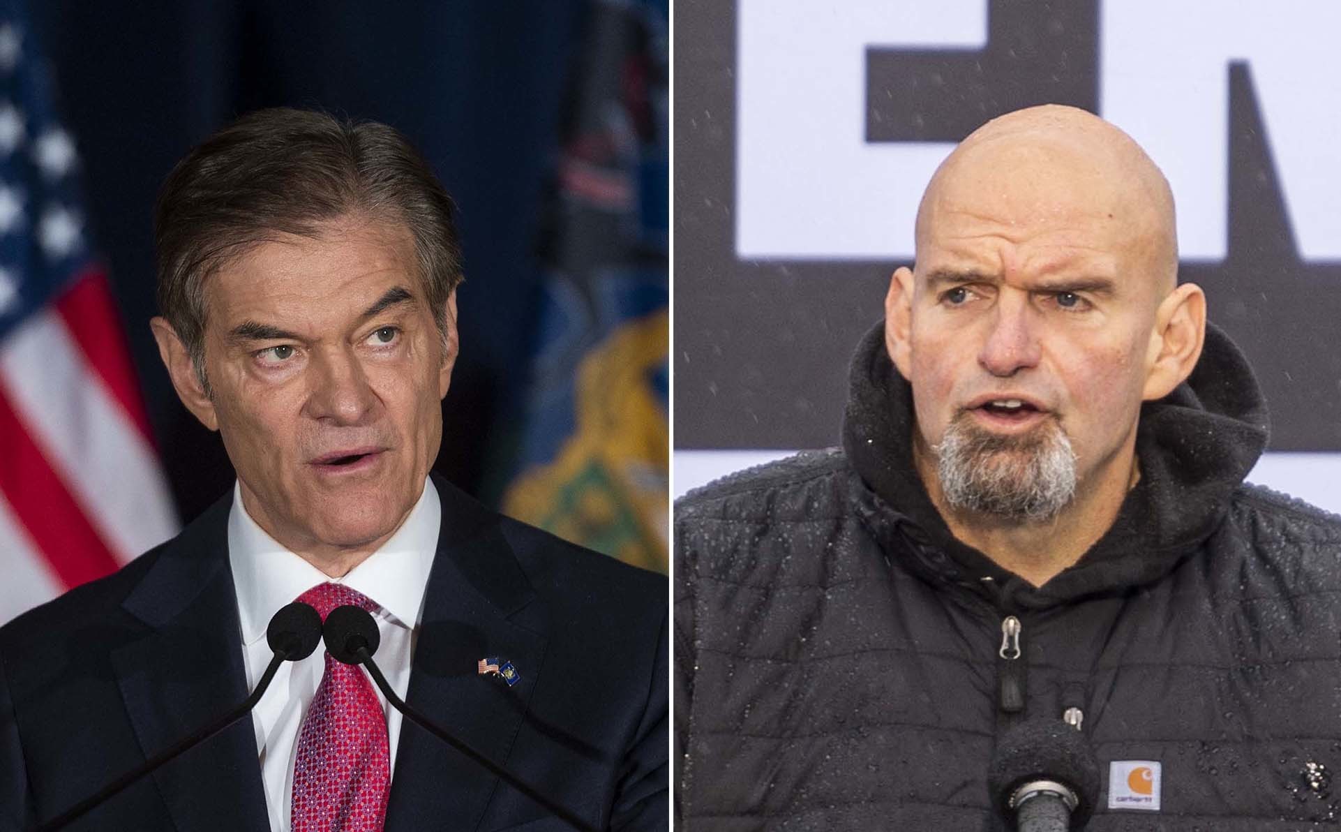 Celebrity TV doctor Mehmet Oz, left, has benefited from millions of dollars spent on TV ads from outside groups to help him close the gap with Lt. Gov. John Fetterman in the Pennsylvania Senate race. (Bloomberg via Getty Images)