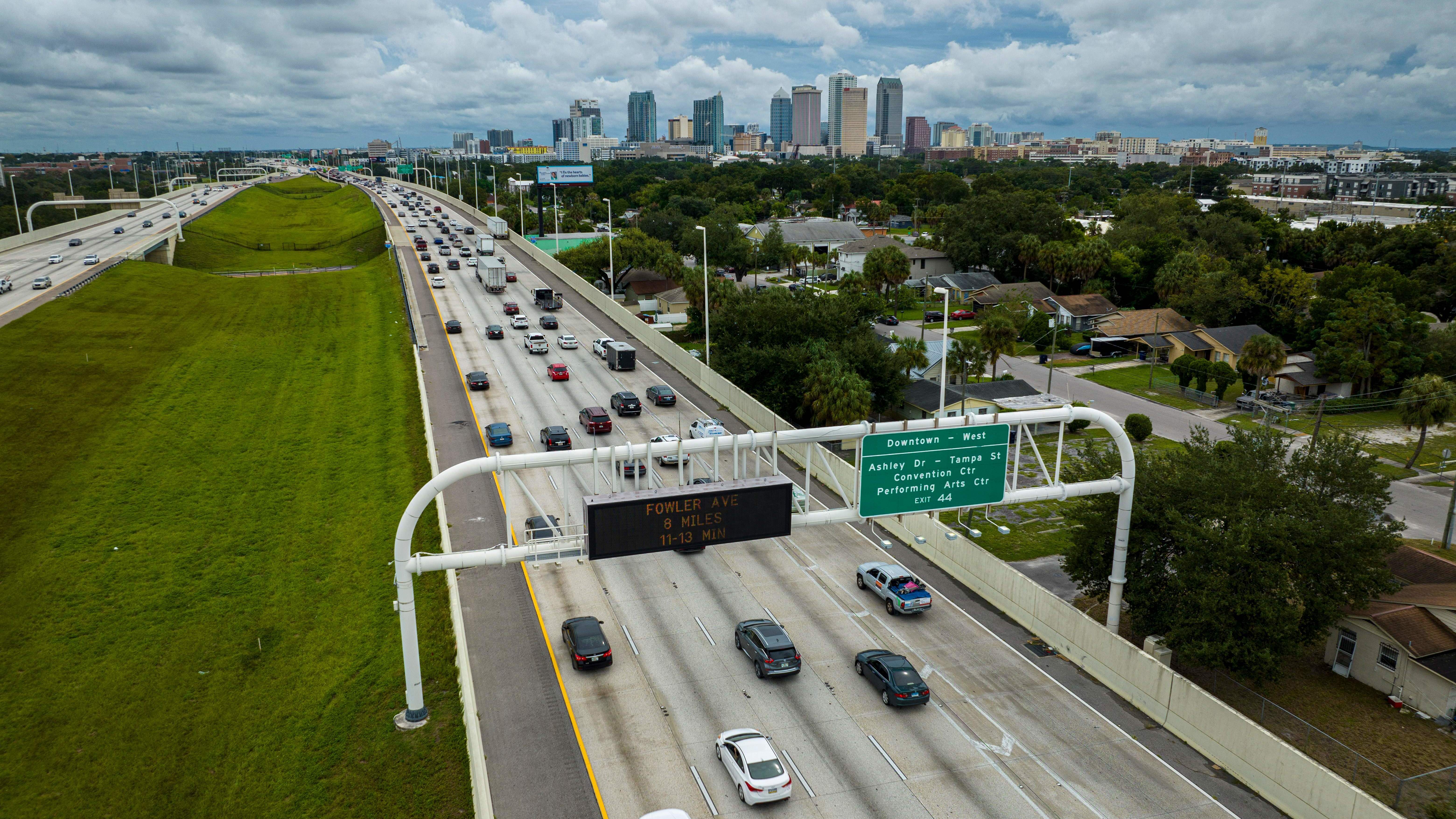 Eastbound traffic crowds Interstate 275 as people evacuate before the arrival of Hurricane Ian in Tampa, Fla., on Sept. 27.