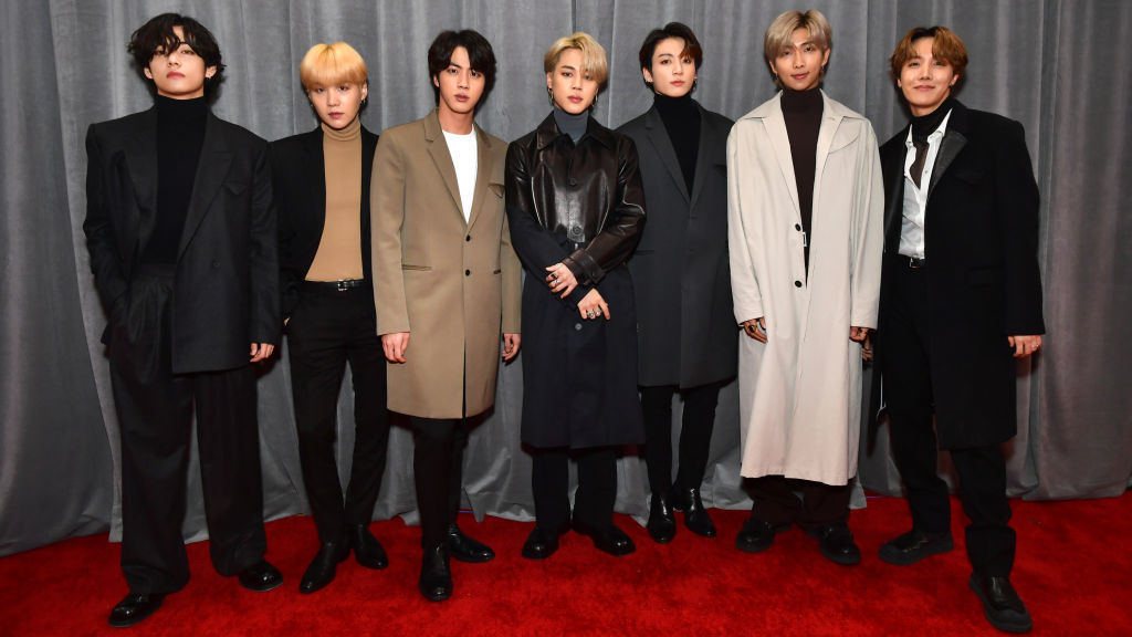 The band BTS poses during the Grammy Awards ceremony in Los Angeles in 2020.