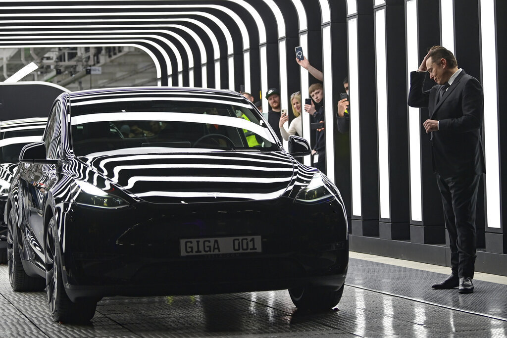 Tesla CEO Elon Musk attends the opening of Tesla factory Berlin-Brandenburg in Gruenheide, Germany on March 22. (AP)