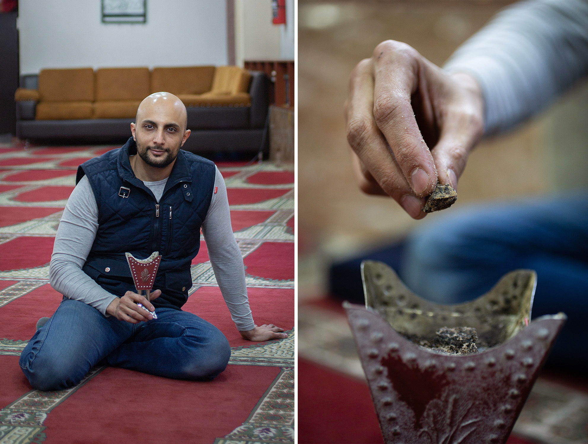 Across the Arabian peninsula, people light scented stones like incense. "You light them on fire for a good smell," says Nader Alareqi, who left Yemen because of the civil war and now lives in Ecuador. When packing to leave in 2015 he brought incense stones made by his grandmother with a mixture of perfumes and scented leaves: "These are very special stones made with love."