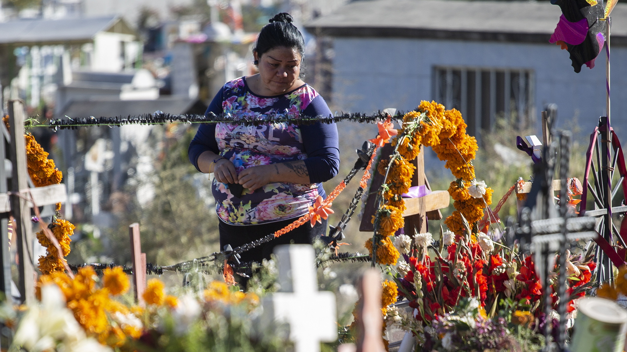 A woman visits a cemetery as part of the 