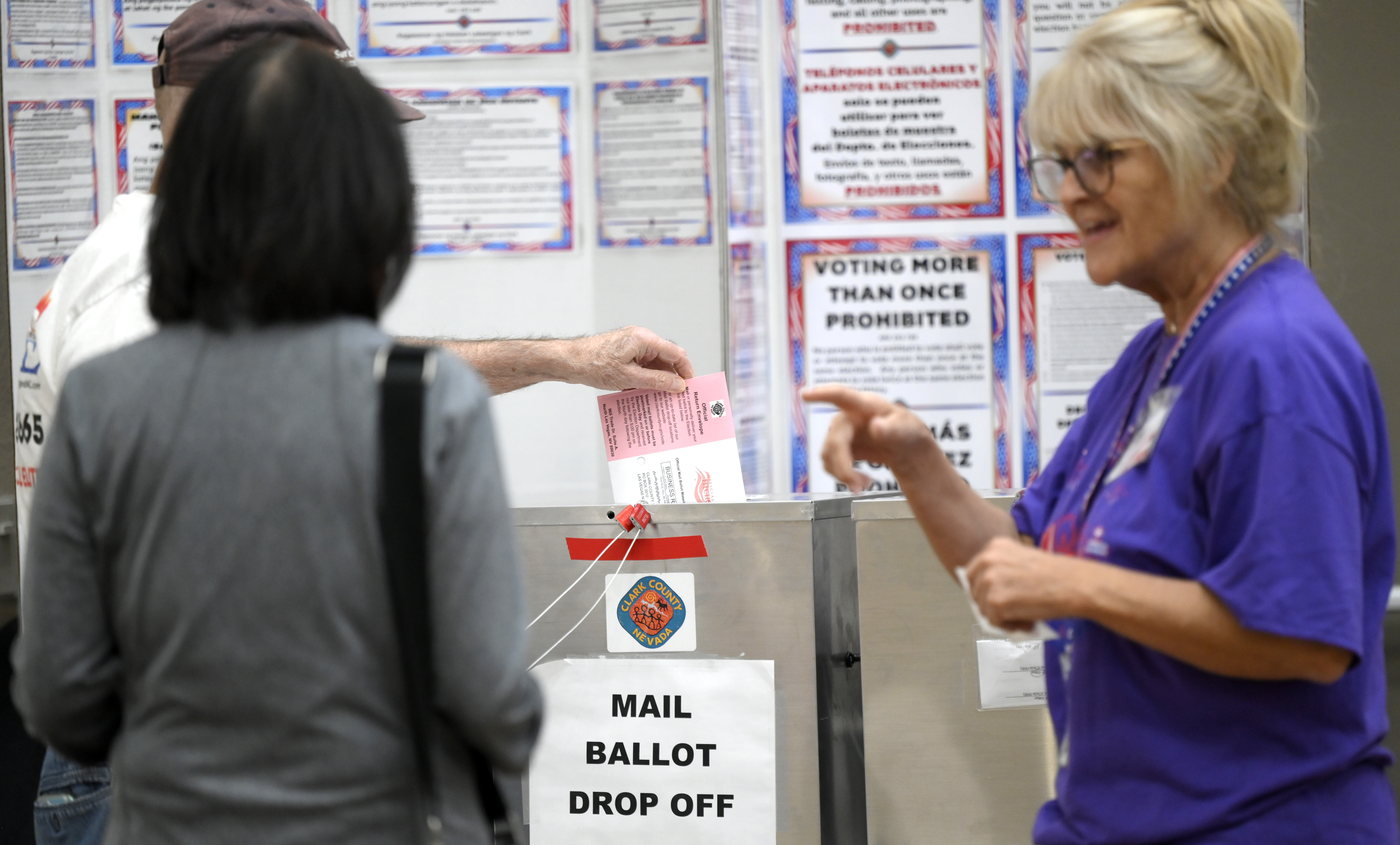 Voters deposit their mail ballots at Desert Vista Community Center in Las Vegas on Oct. 22. Mail voting, which has increased for years, surged in 2020 during the early months of the pandemic. Nevada has since codified an expansion of mail voting. (Getty Images)