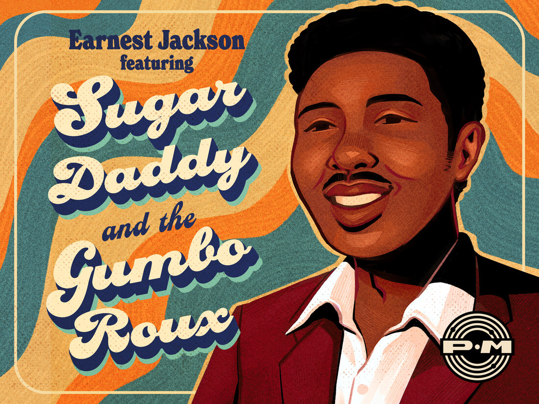 Ernest Jackson's drawing with a text next to it "Earnest Jackson performed with the Sugar Daddy and Gumbo Roux bands."