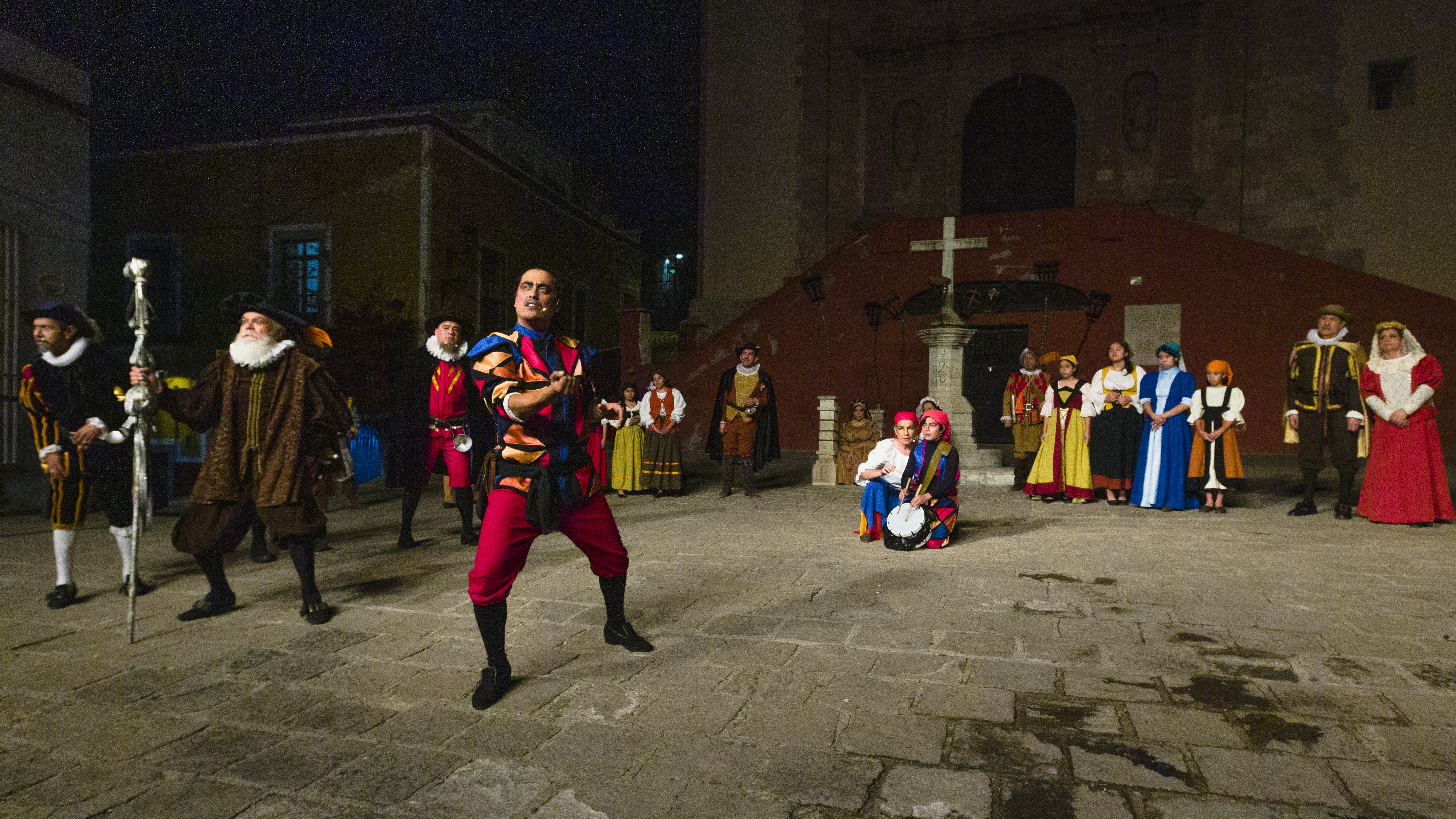 A scene from "Entremeses Cervantinos," three one-act plays written by Miguel de Cervantes, at Plaza San Roque, Guanajuato, Mexico.