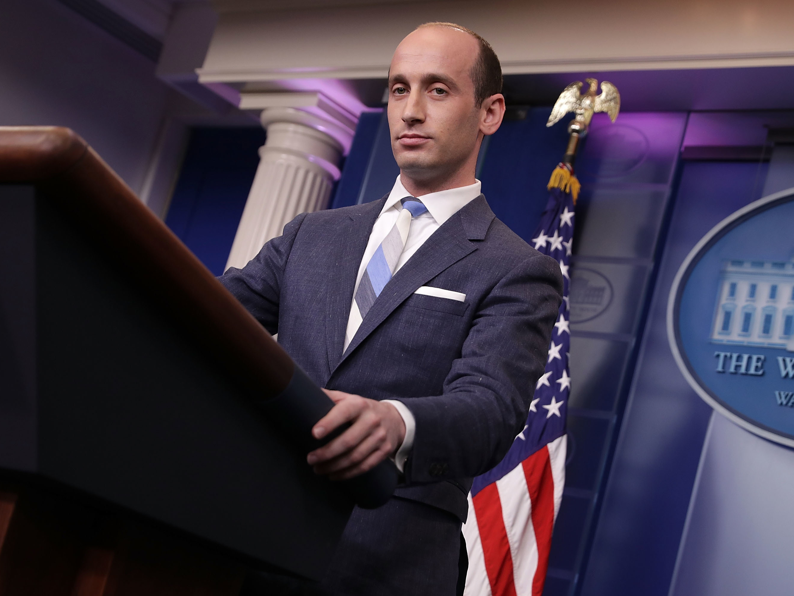 America First Legal, an organization launched by former Donald Trump aide Stephen Miller (seen here at the White House in 2017), has been funding political ads that accuse the Biden administration of &quot;pushing radical gender experiments on children.&quot; (Getty Images)