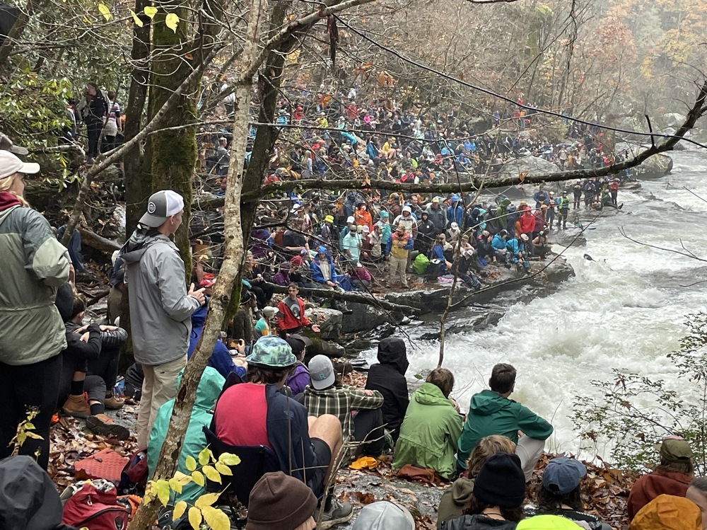 In 2022, spectators crowded the steep banks of the Green Narrows near Saluda, N.C. to watch the Green Race. (NPR)