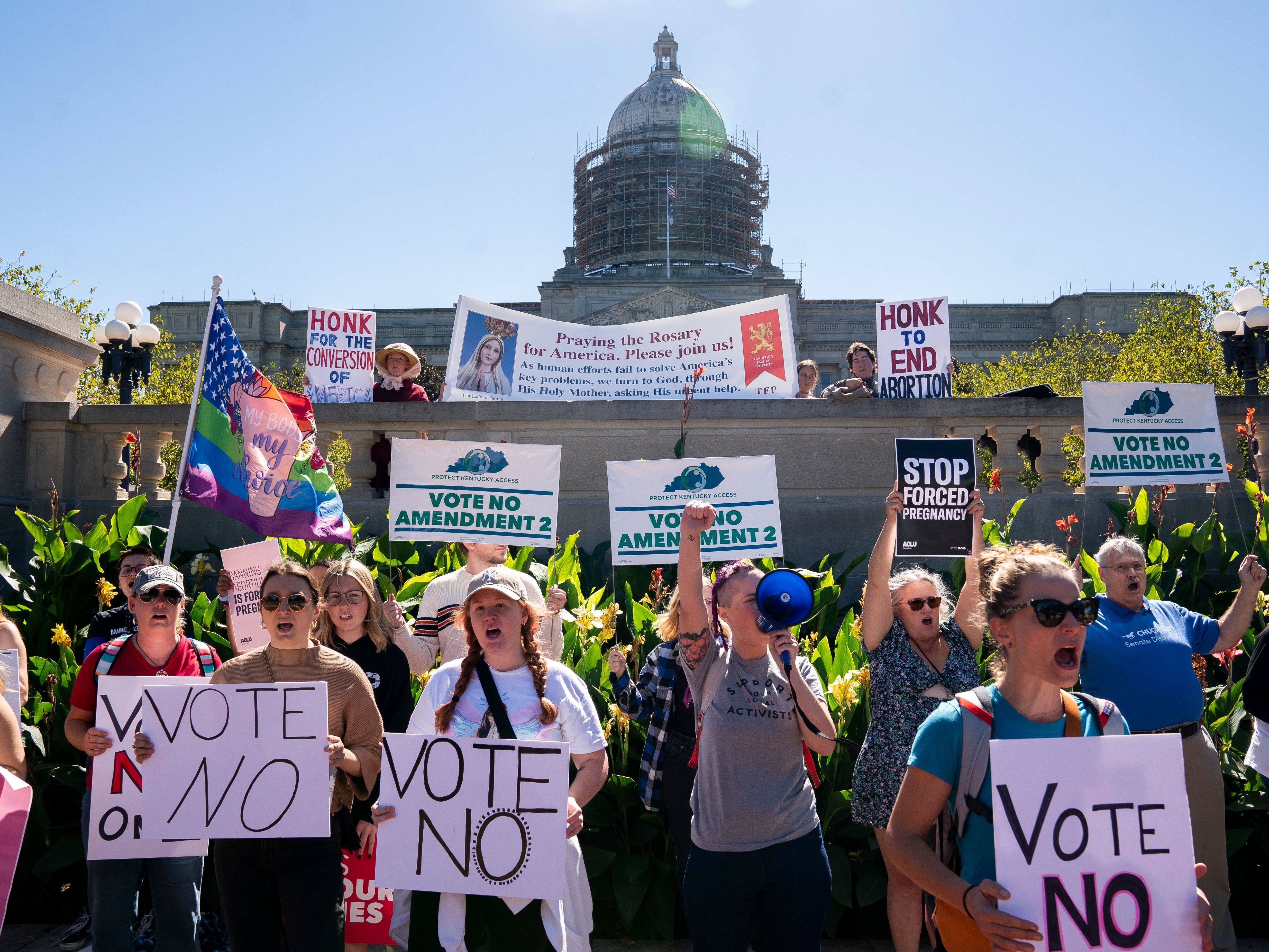 Kentucky voters have rejected an amendment that would have said the state constitution contains no right to an abortion. Earlier, people rallied on the steps of the Kentucky State Capitol in Frankfort to encourage voters to vote yes on Amendment 2, which failed. (AFP via Getty Images)