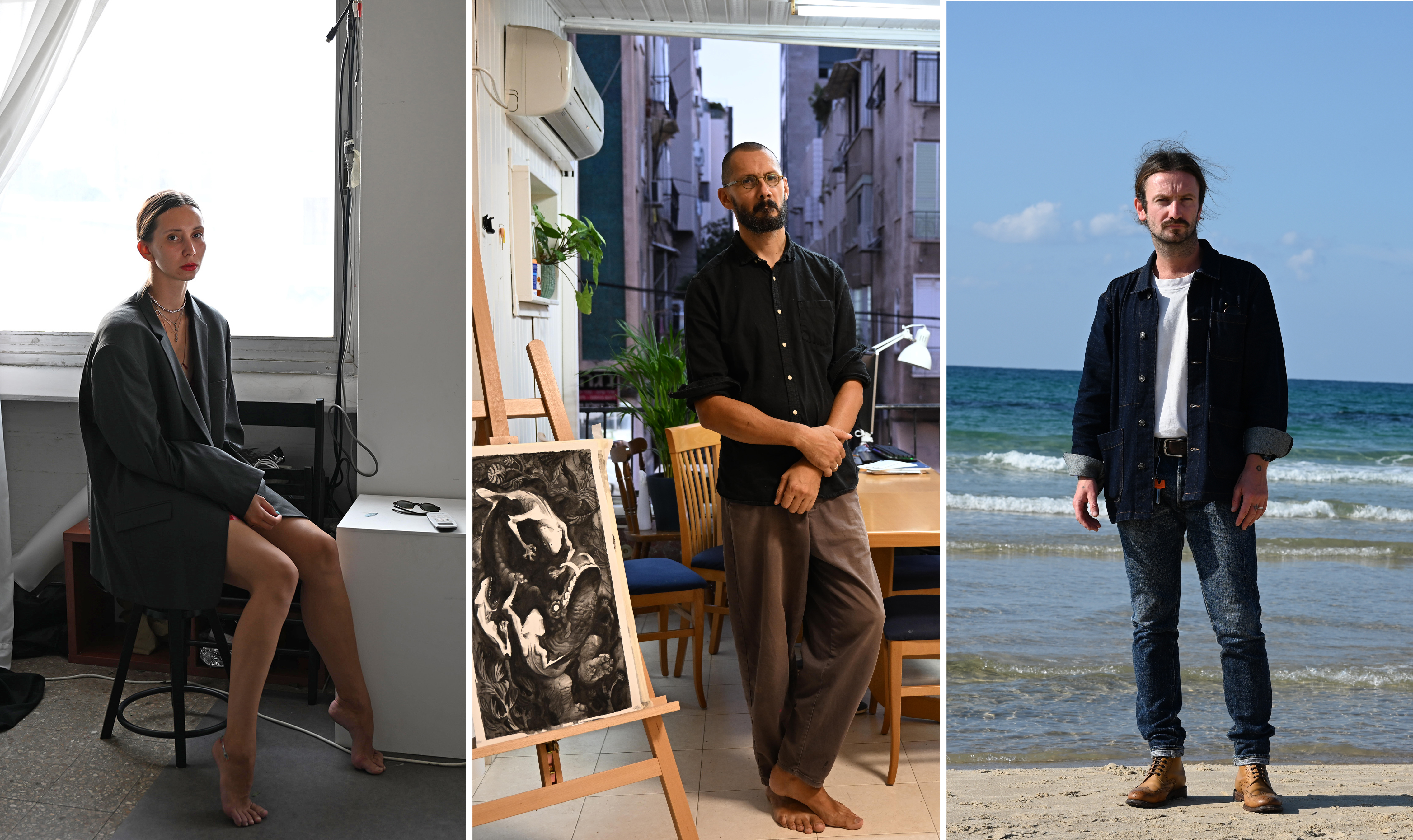 Choreographer Polina Mitryashina, artist Victor Melamed, and jazz producer Evgenii Petrushanskiy, from left, in Tel Aviv on Nov. 2. All three are Russian artists who have recently fled Russia to live in Israel. (Tanya Habjouqa/NOOR for NPR)